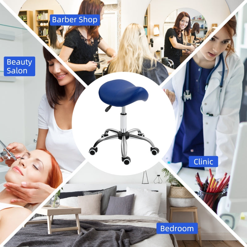 Saddle Stool, Height Adjustable Salon Chair for Massage Spa, Dark Blue Faux Leather