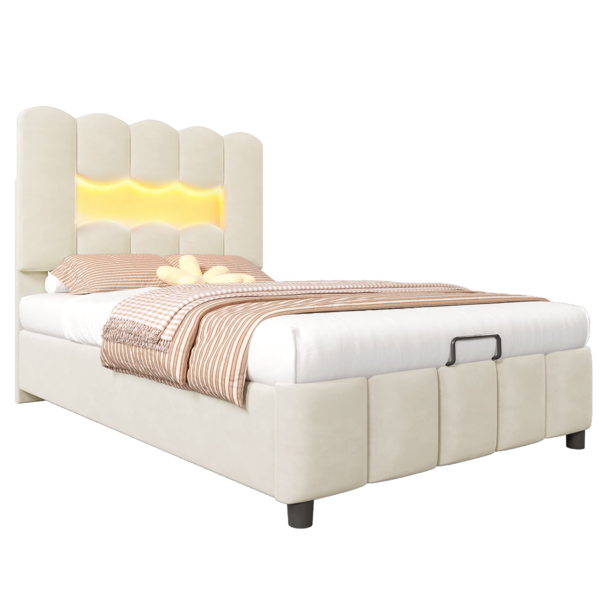 Upholstered Bed 90x200cm Hydraulic LED Adjustable Headboard Beige Velvet