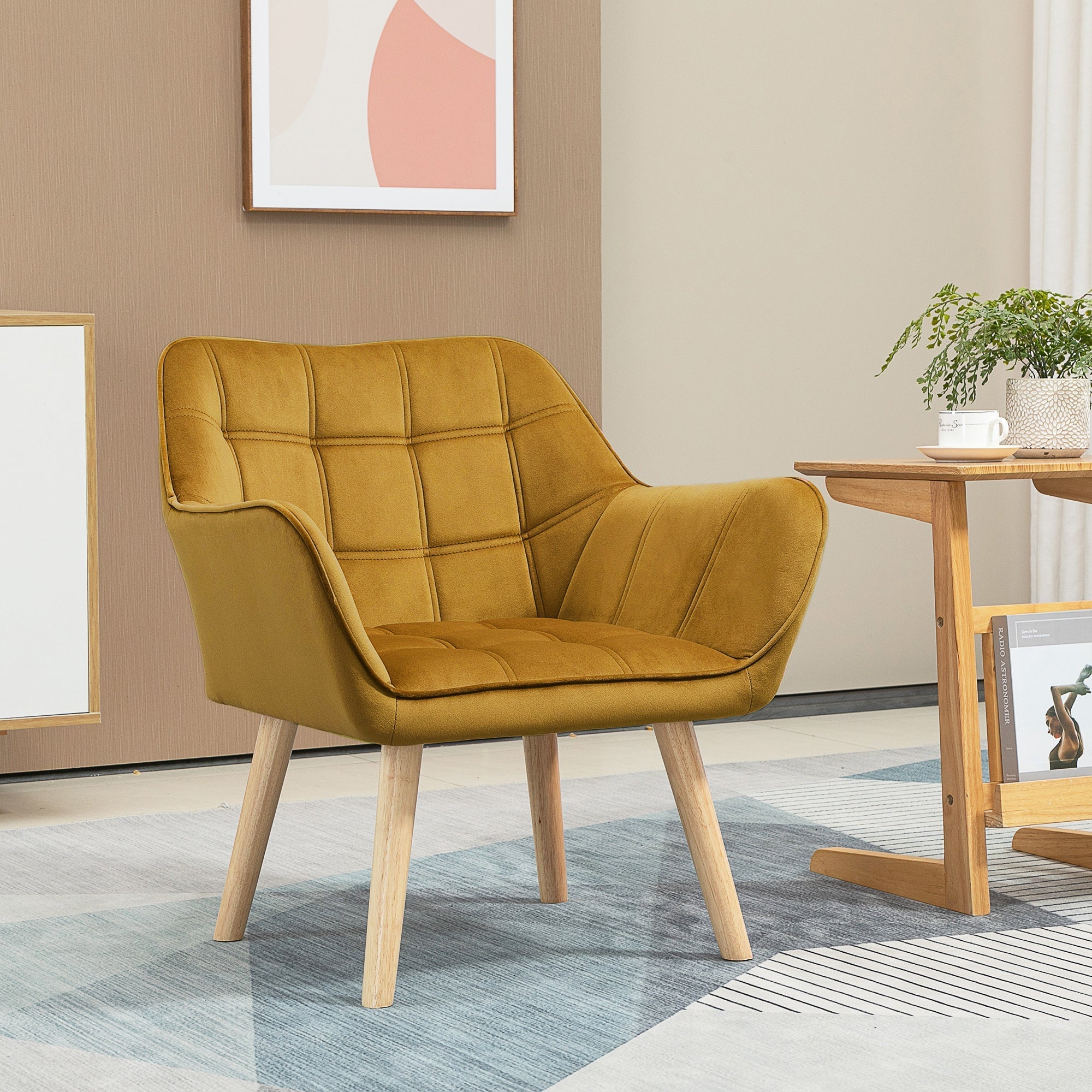 Wingback Recliner Chair, Scandinavian Style Raised Legs, Yellow Velvety Polyester