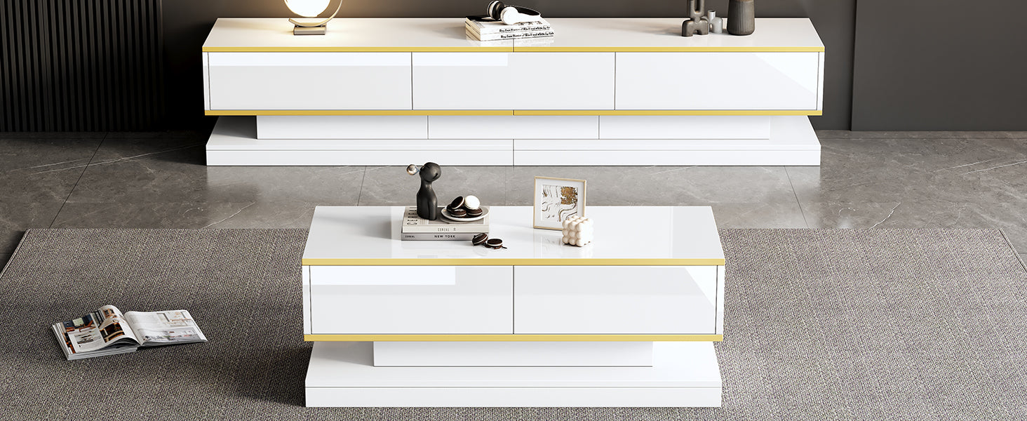 TV Stand & Coffee Table Set with 3-Drawer TV Console & 2-Drawer Coffee Table, White High Gloss & Gold