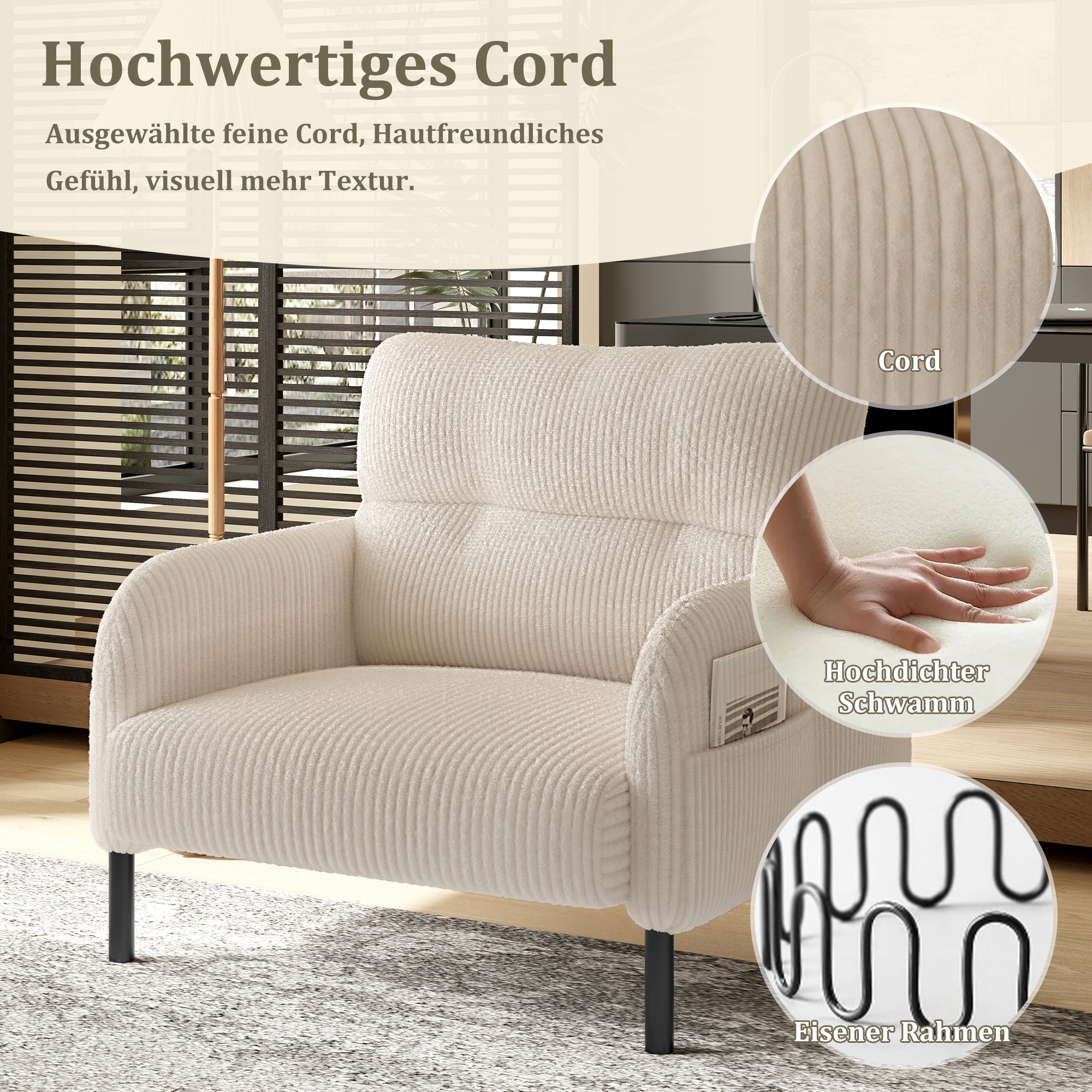 Sofa/Chair Comfortable Seat Depth, Armrests with Side Pockets, Solid Structure, Velvet Fabric