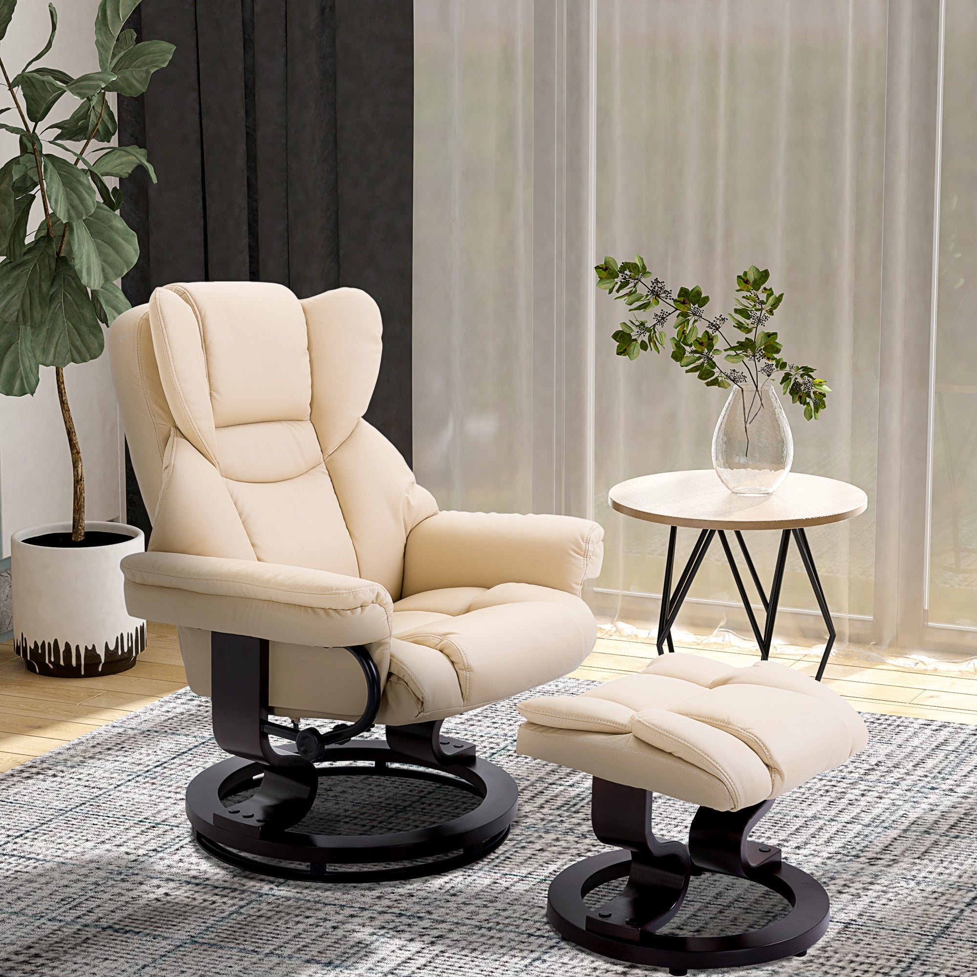 Relaxliegesessel mit Hocker, drehbarer TV-Sessel, Kunstleder Cremefarben
