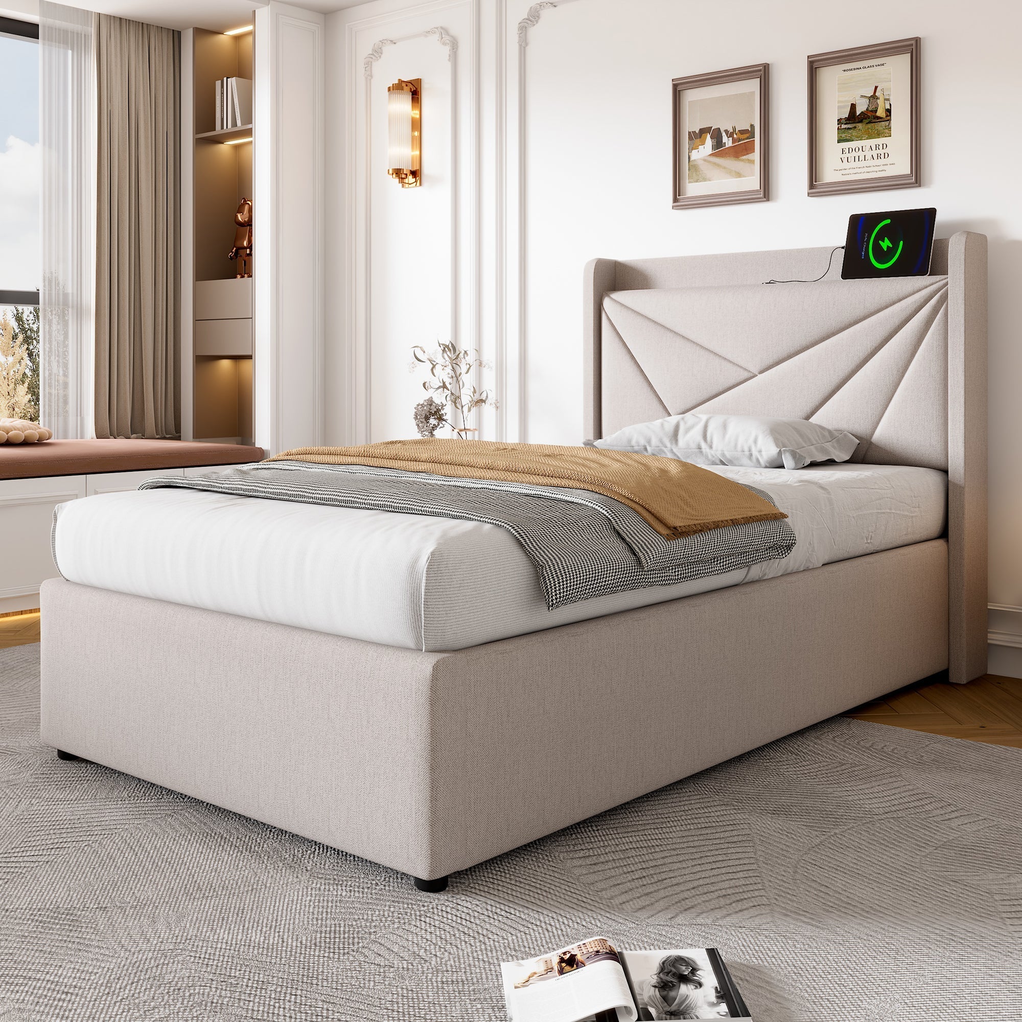 Upholstered Bed, Single with Storage & USB Type-C Headboard, Linen