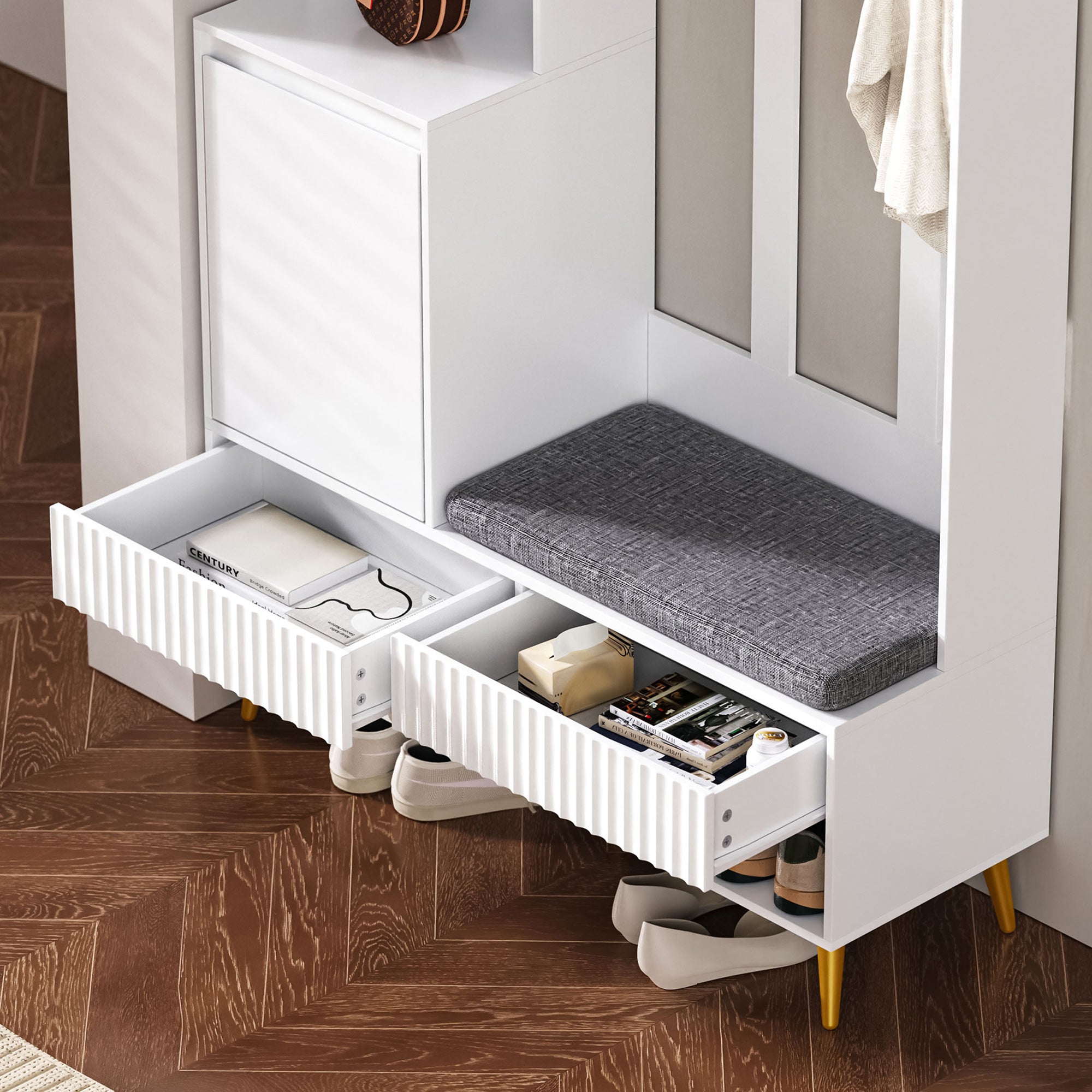 Wardrobe set, hallway with shoe bench, 4 coat hooks, two drawers and 1 door, white