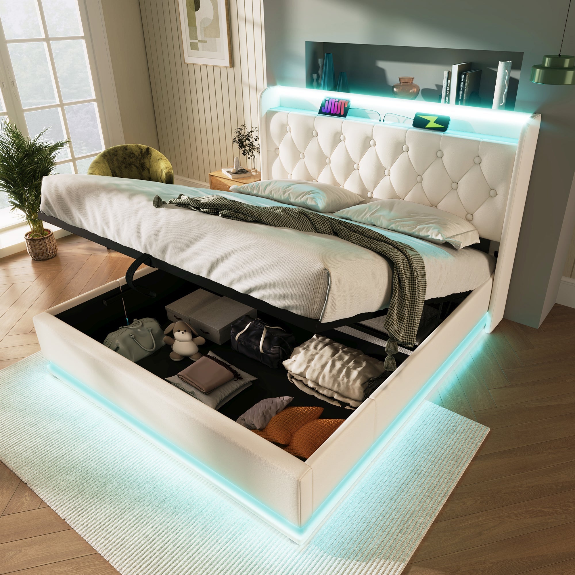 Upholstered Double Bed with Hydraulic Storage, 360° LED and USB Type-C, 140x190cm, White PU Leather
