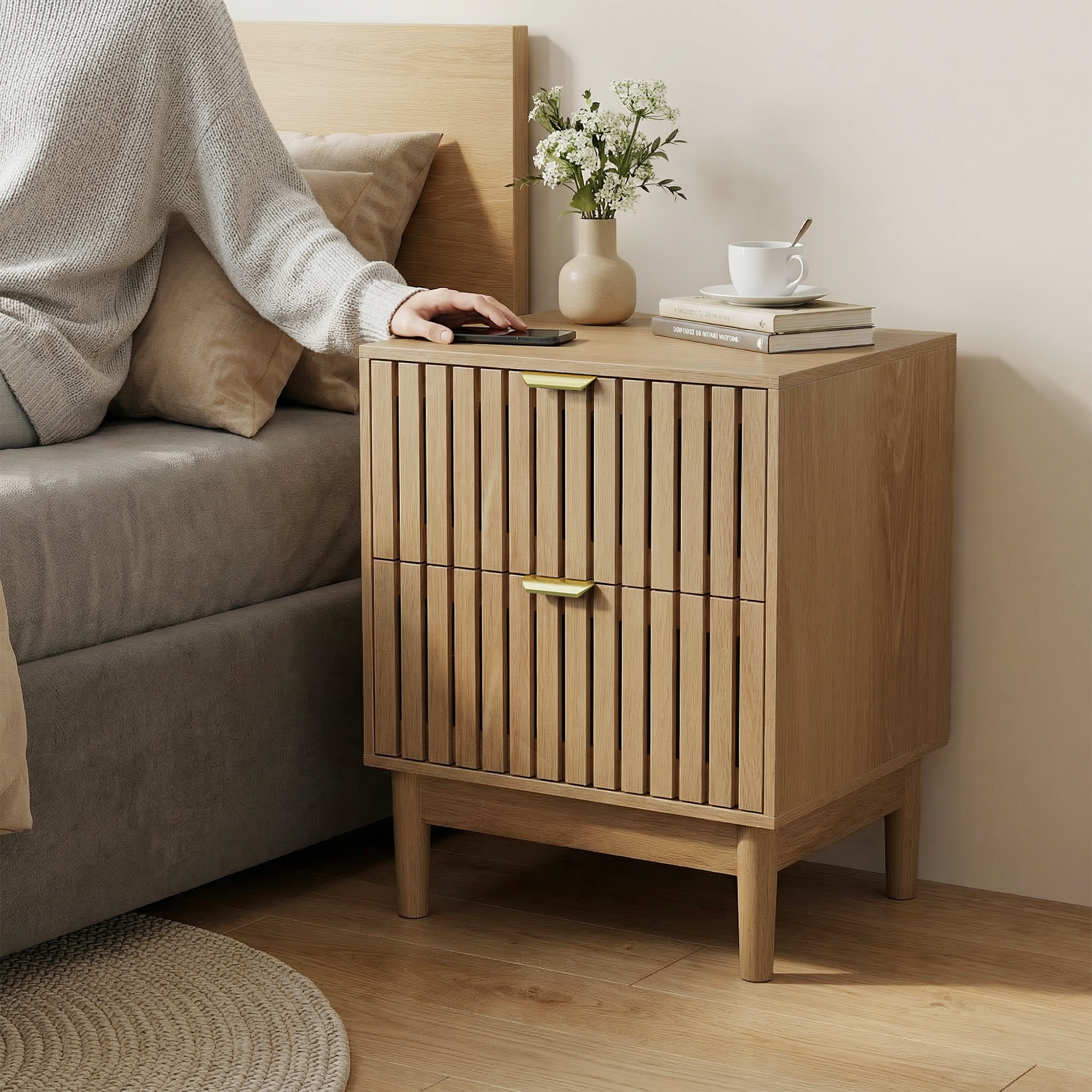 Mid-Century Modern Nightstand with 2 Drawers and Slatted Design, 45 x 39 x 56.5 cm, Oak-Colored Wood