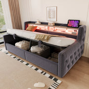 Upholstered Sofa Bed with Hydraulic Storage, LED Lighting and Charging Port, 90x200cm, Dark Grey
