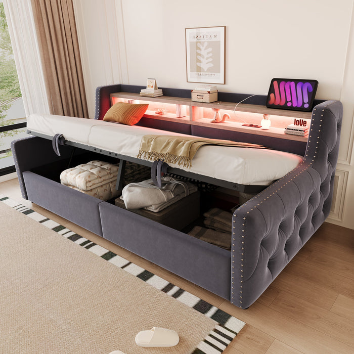 Upholstered Sofa Bed with Hydraulic Storage, LED Lighting and Charging Port, 90x200cm, Dark Grey