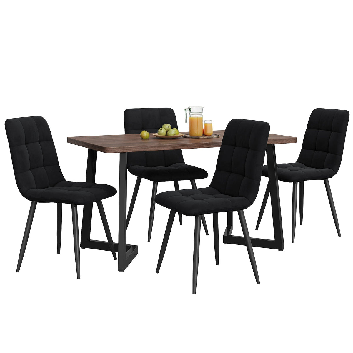 5-Piece Dining Set Modern Wood Grain Table Black Metal Legs Black Velvet