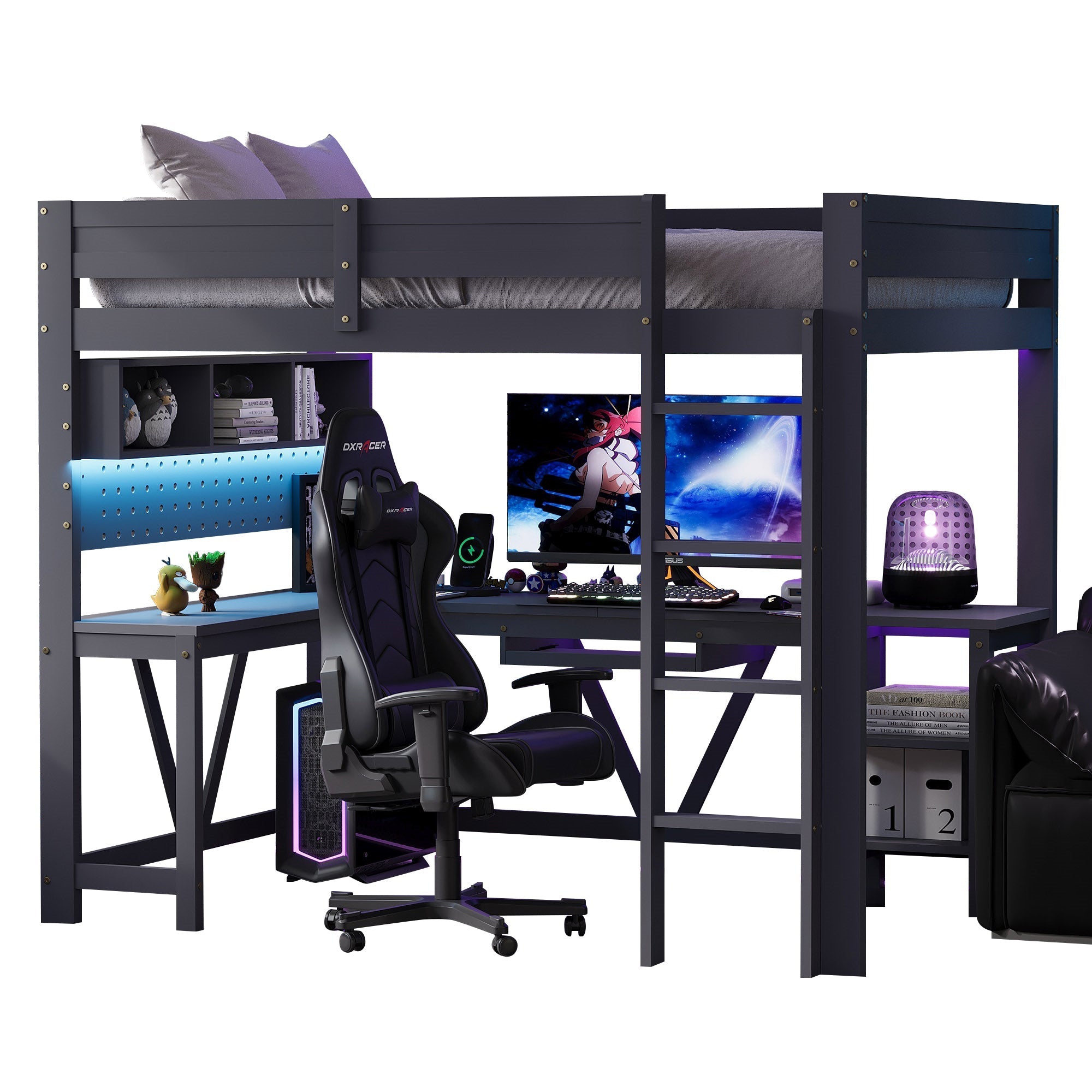 Gaming Loft Bed with Desk, LED Lighting and Charging Station, 90 x 200 cm, Grey Wood