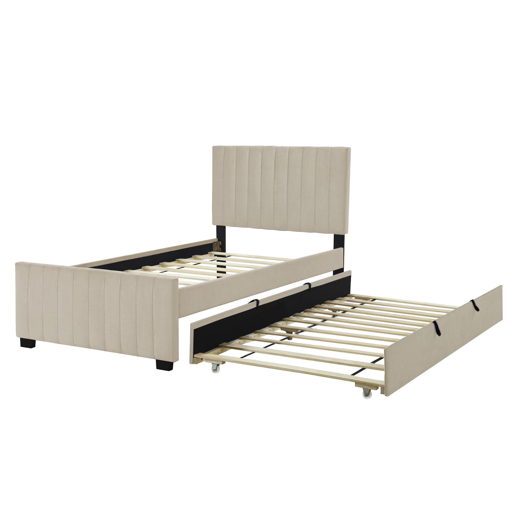 Upholstered Bed, Single with Pull-Out, 90 x 190 cm, Beige Velvet