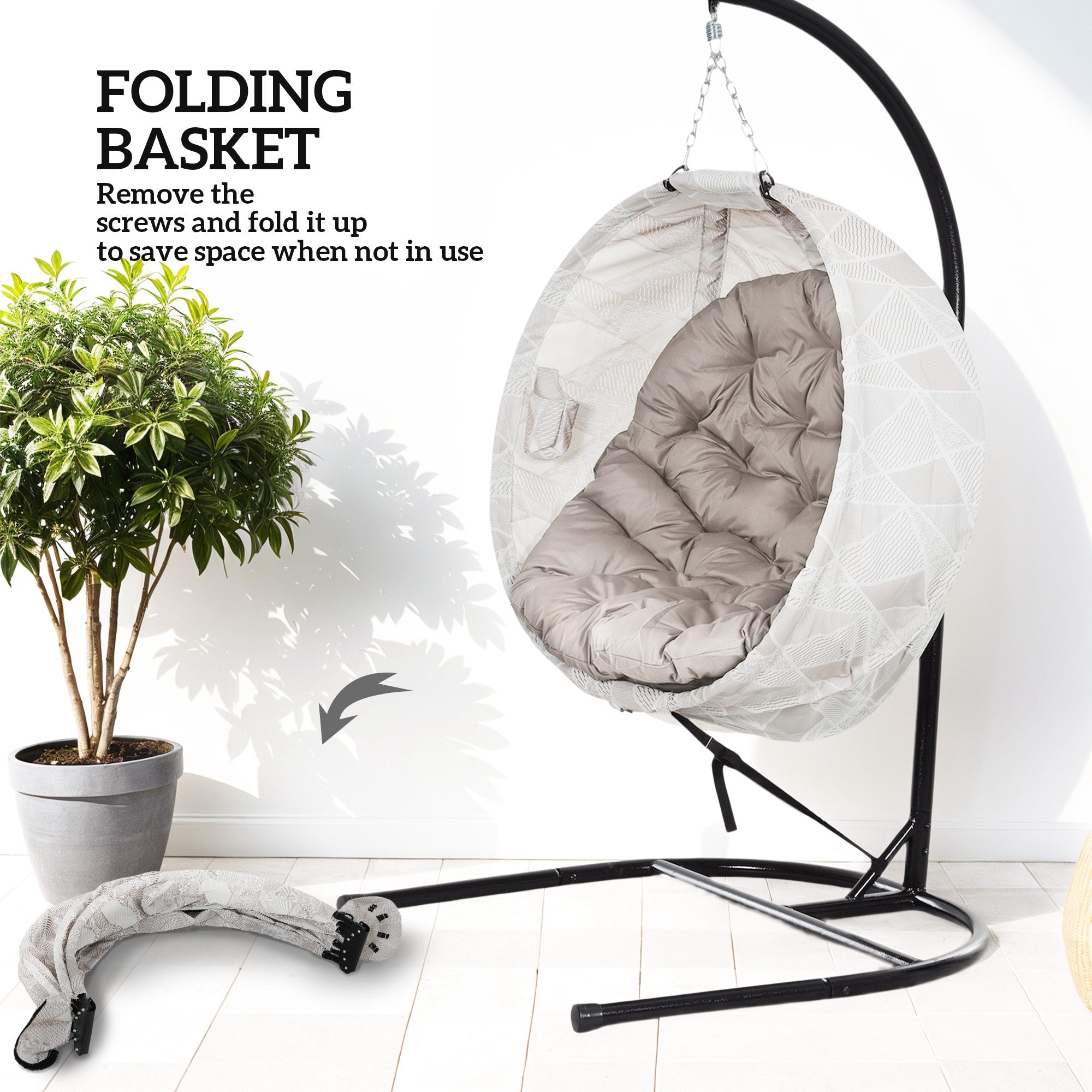Hanging Egg Chair, Folding Basket Stand Thick Cushion Cup Holder, Sand Brown