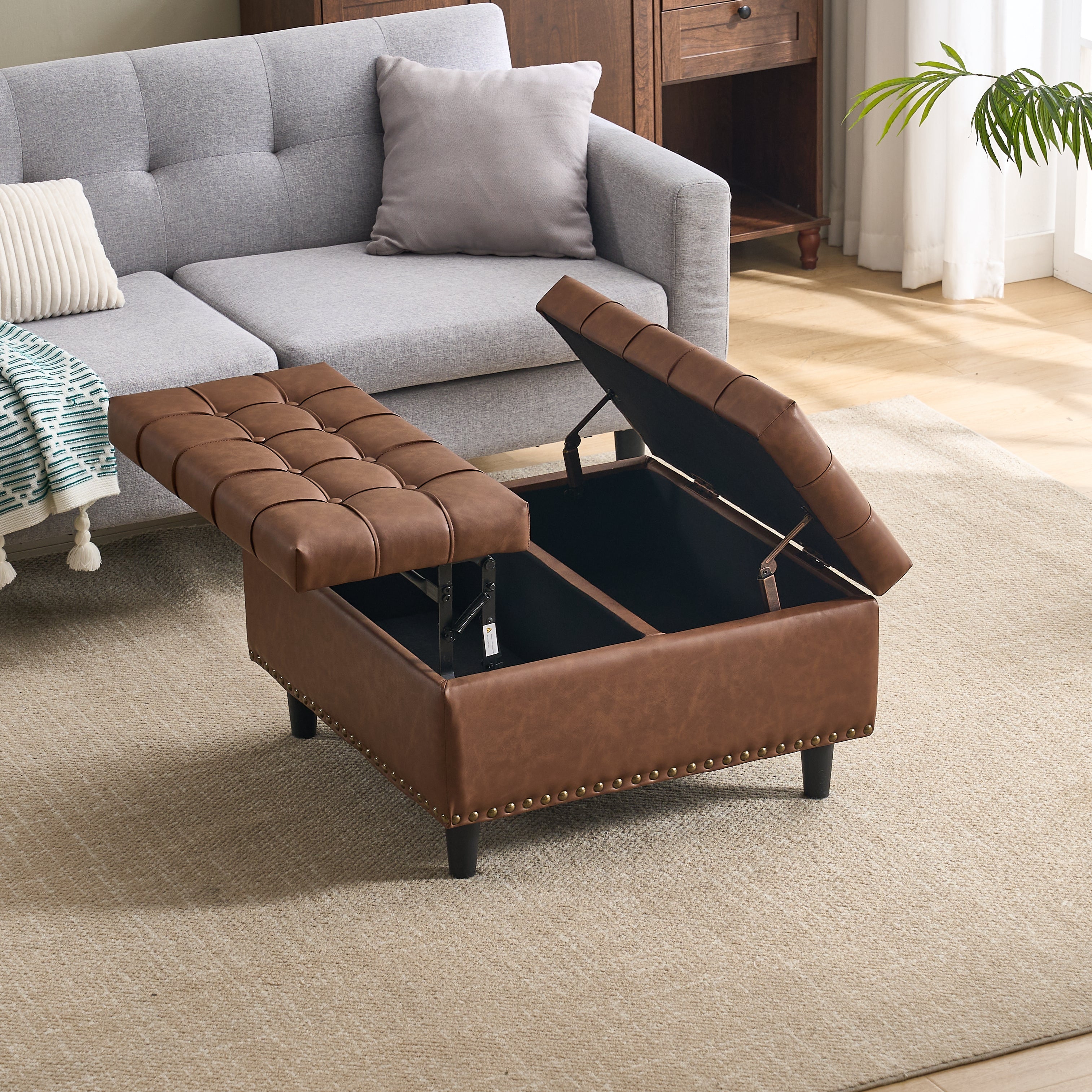 Storage Chair, Liftable Bench, Square, Brown PU