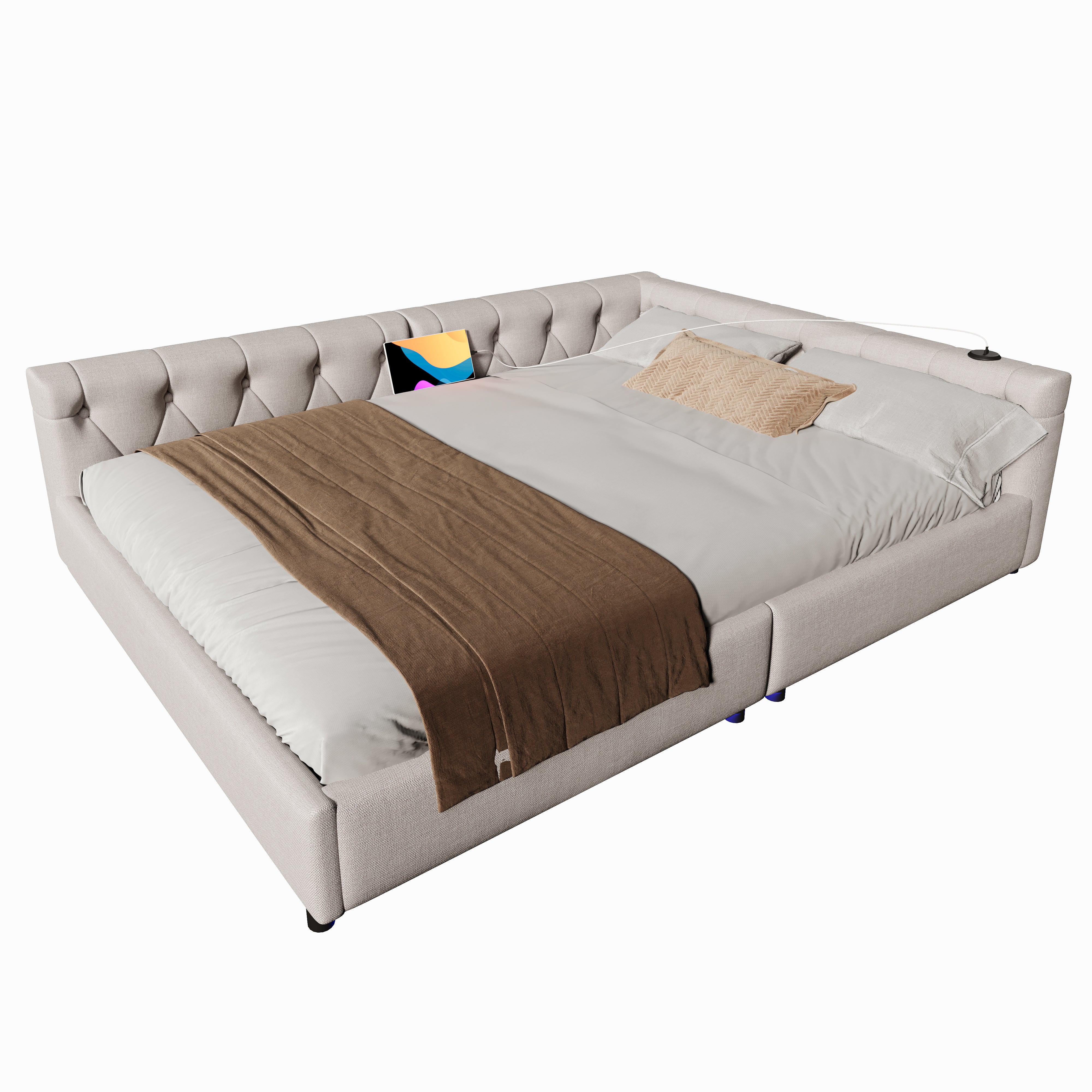 Sofa Bed 140x200cm LED Light USB/Type-C Button Tufting - Beige Linen