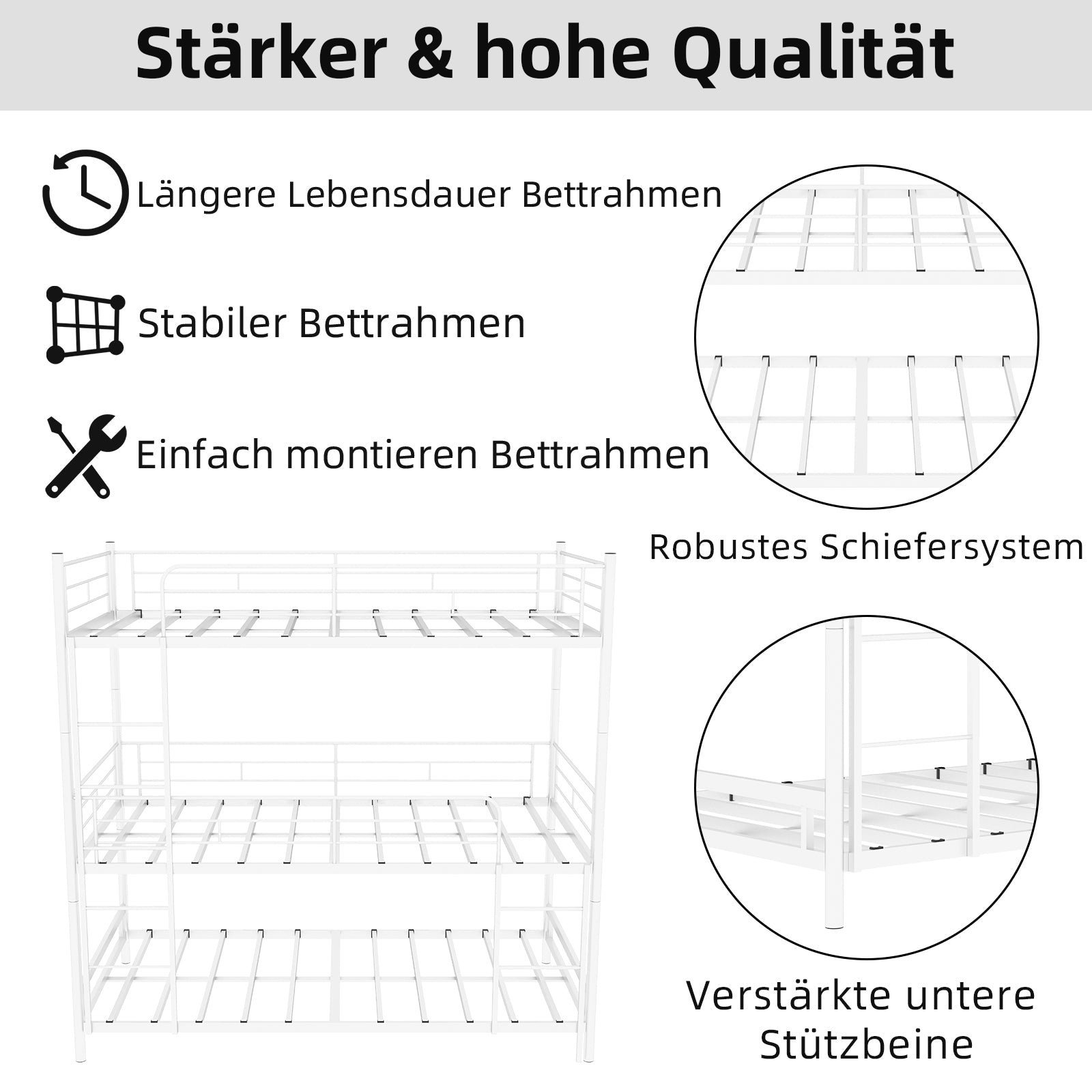 Triple Frame Bed, Heavy-Duty with Built-in Ladder & Railing, Metal