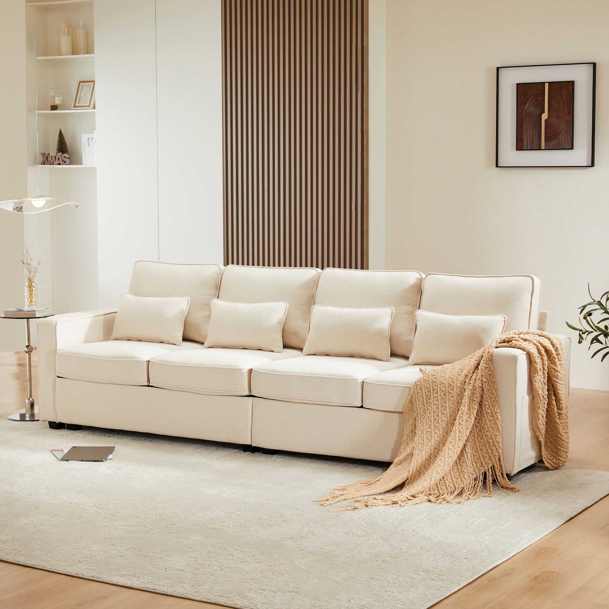 Sofa 4-Seater Linen Fabric with Armrest Pockets & 4 Cushions, Simple Style