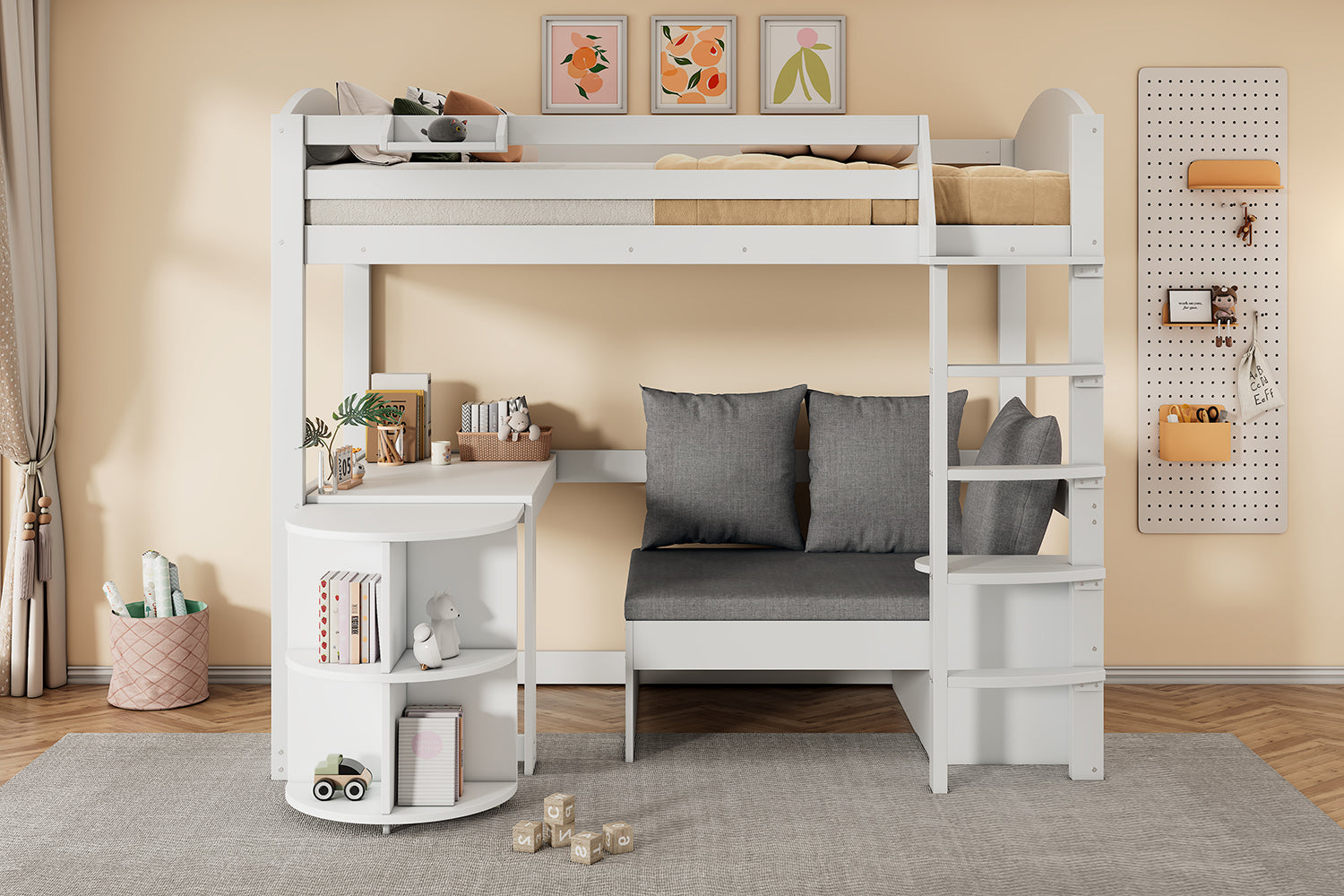 Multifunctional Children's Bunk Bed with Pull-out Table, Sofa with Storage and Three Cushions, 90x200cm, White Solid Wood