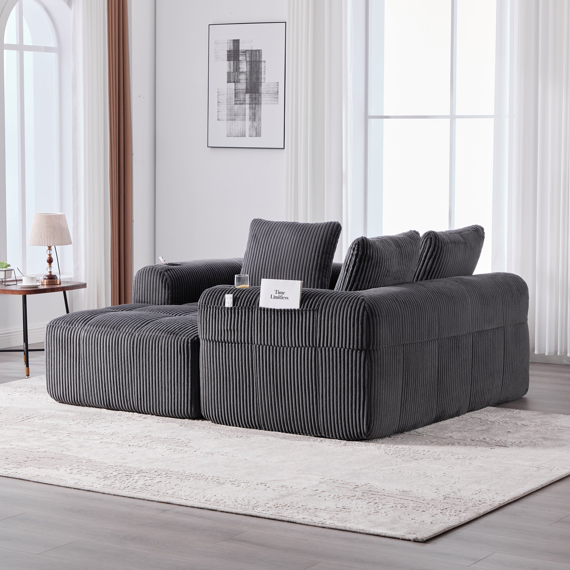 Compact Sofa Modular Side Pocket Cup Holder 3 Cushions - Corduroy Dark Gray