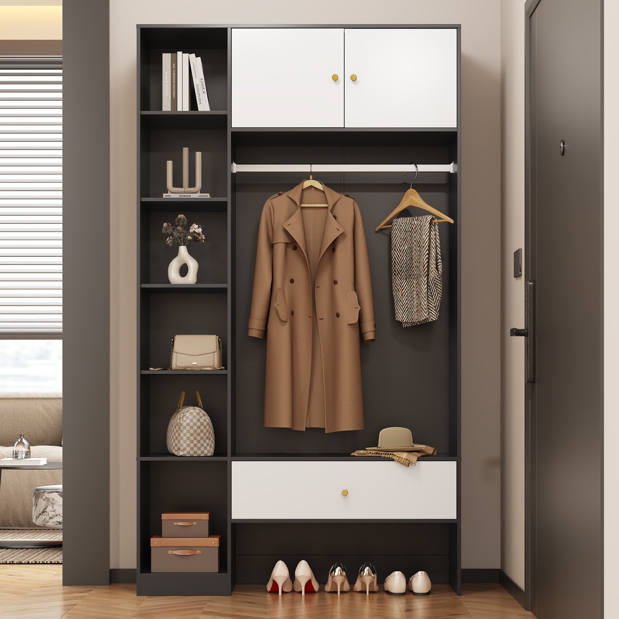 Compact Wardrobe Set 2 Doors 6 Compartments Clothes Rail Drawer Black and White