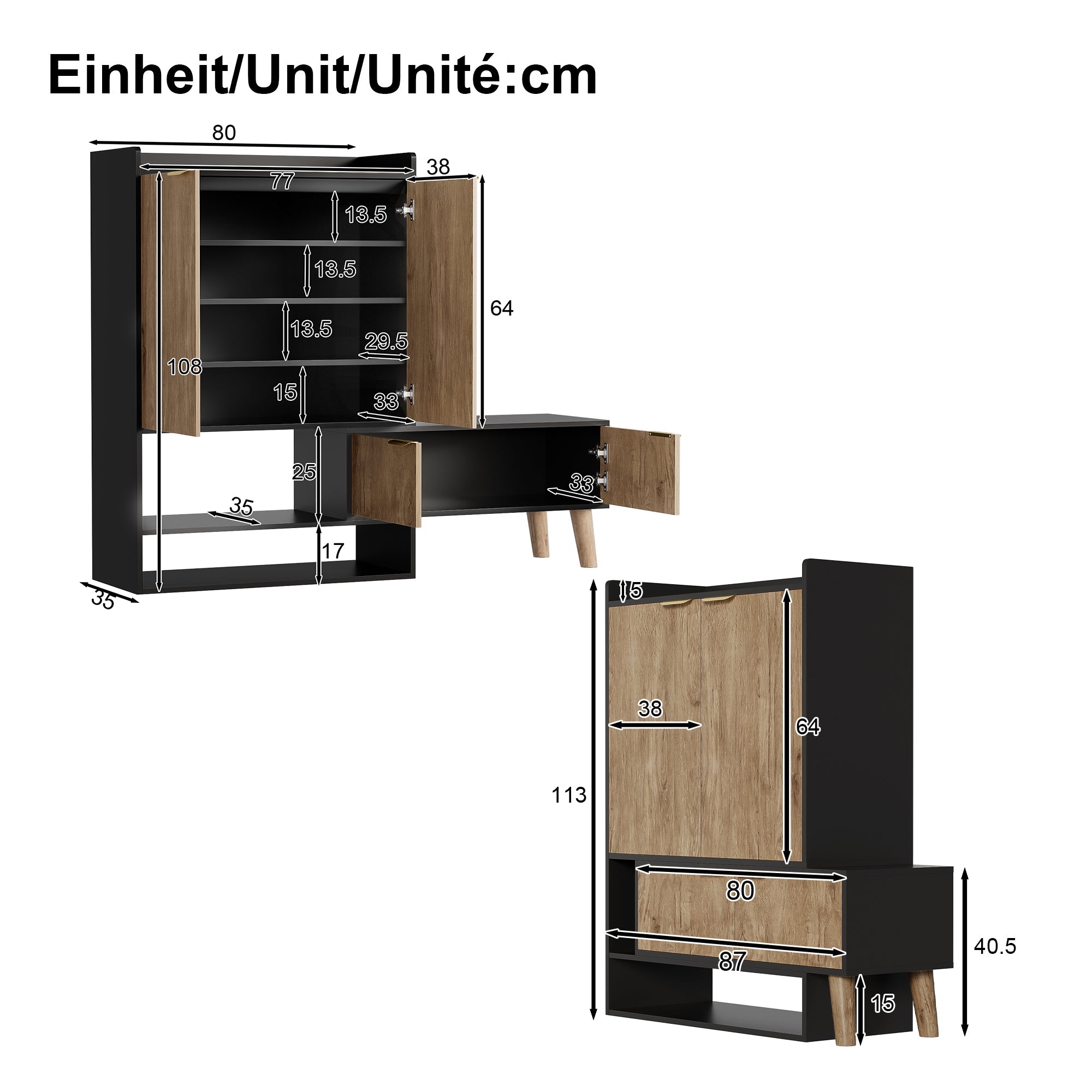 Multifunctional Shoe Cabinet, Extendable Swivel Seat, Large Storage, Open/Closed Shelving, Black + Wood Finish