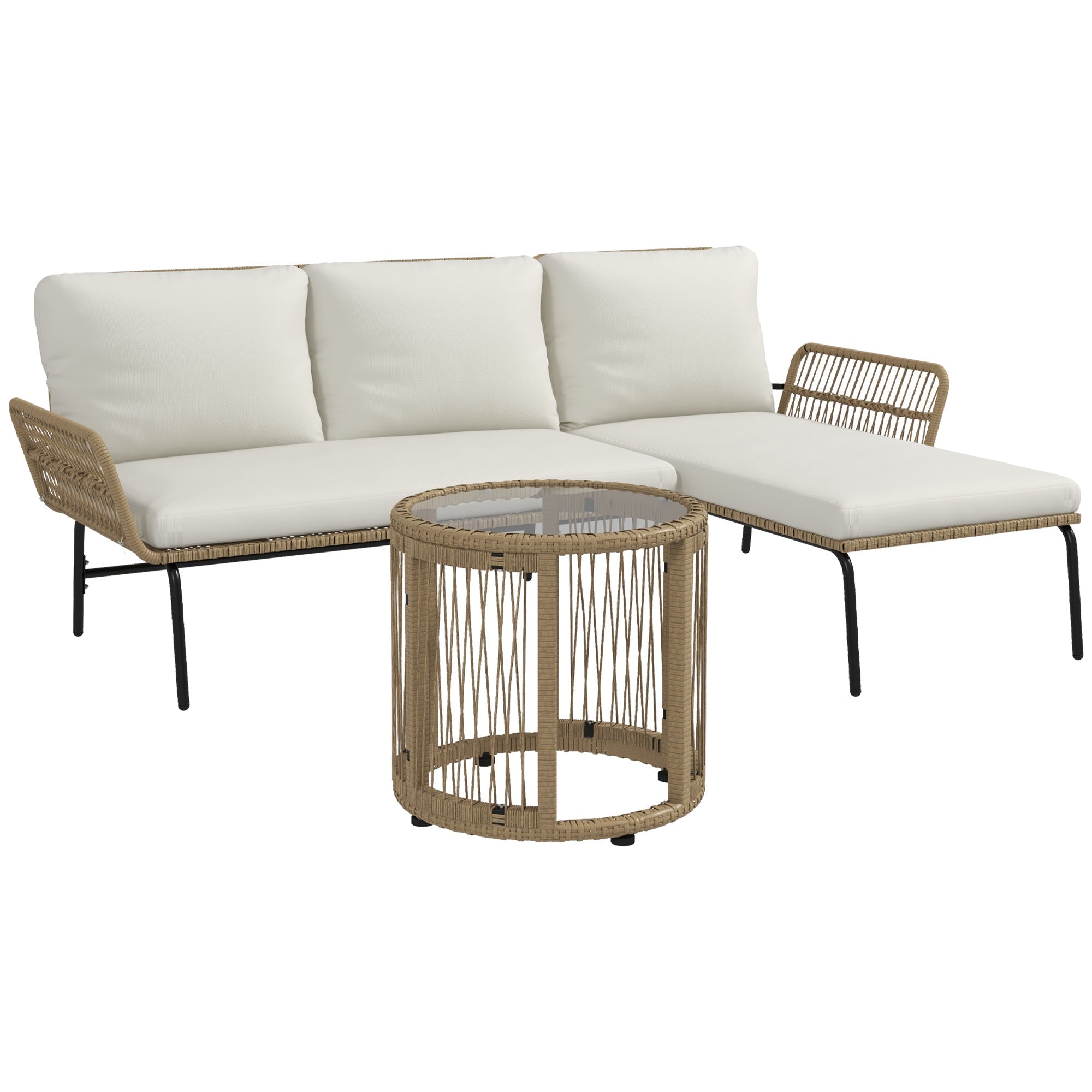 Rattan Garden Furniture Set with Sun Lounger, Coffee Table, Loveseat & Cushions, Cream