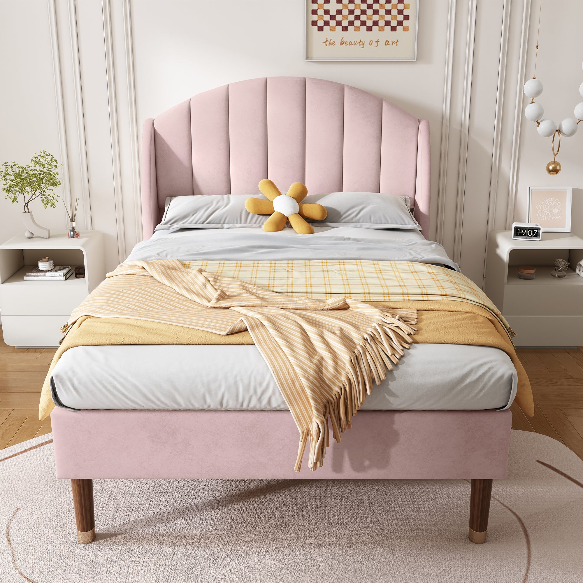 Upholstered Bed, Single Bed - 3ft(90*190cm) with Slatted Frame and Headboard, Pink Velvet