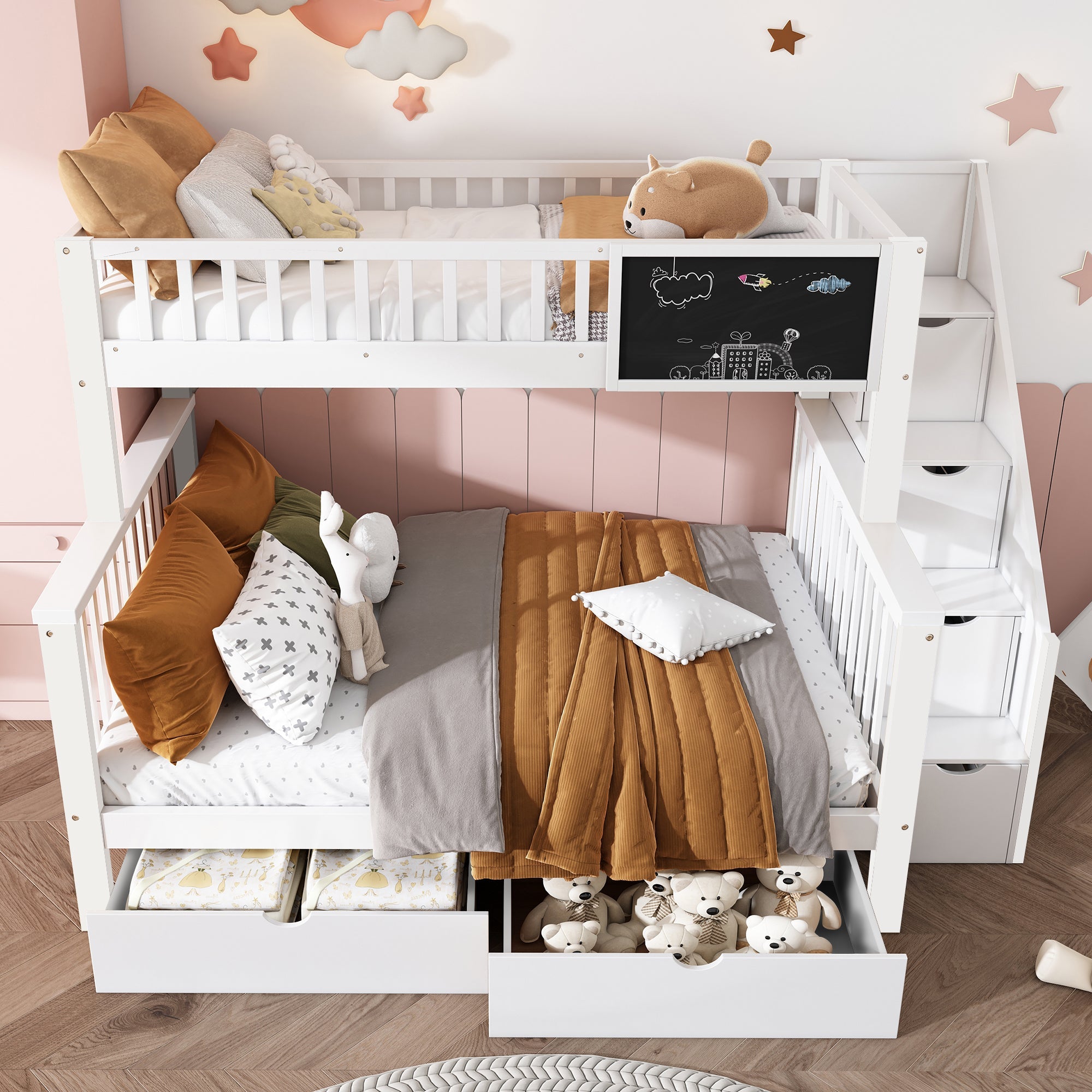 Multifunctional Bunk Bed with Chalkboard and Drawers, 90x200cm and 140x200cm, White