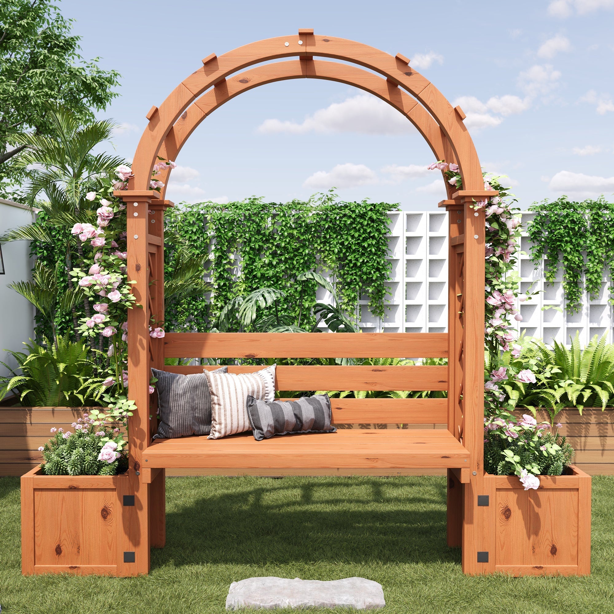 Planter Box with Trellis and Bench for Garden and Yard, Natural Wood