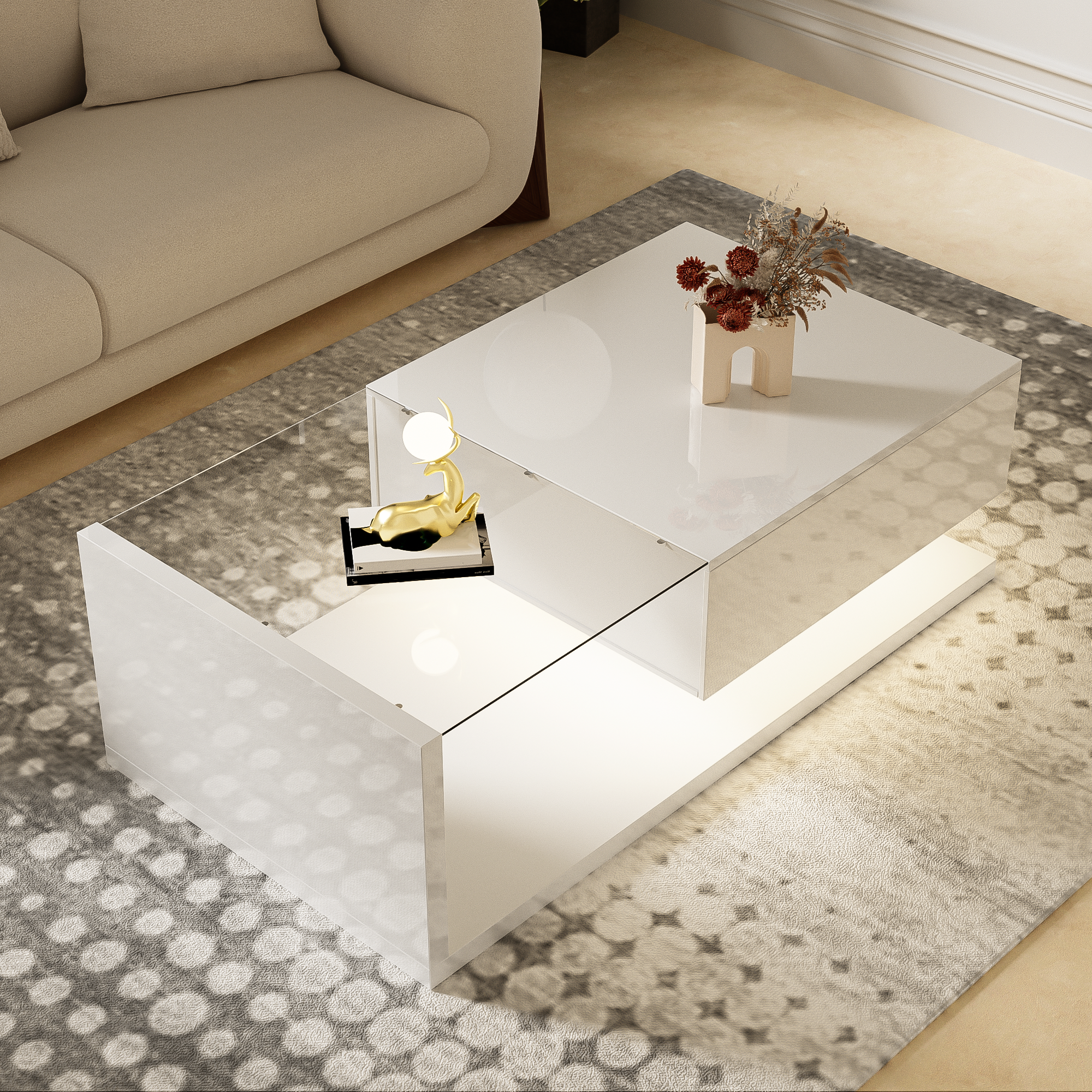 Coffee table, high-gloss white
  Side table, coffee table, with glass and LED effect