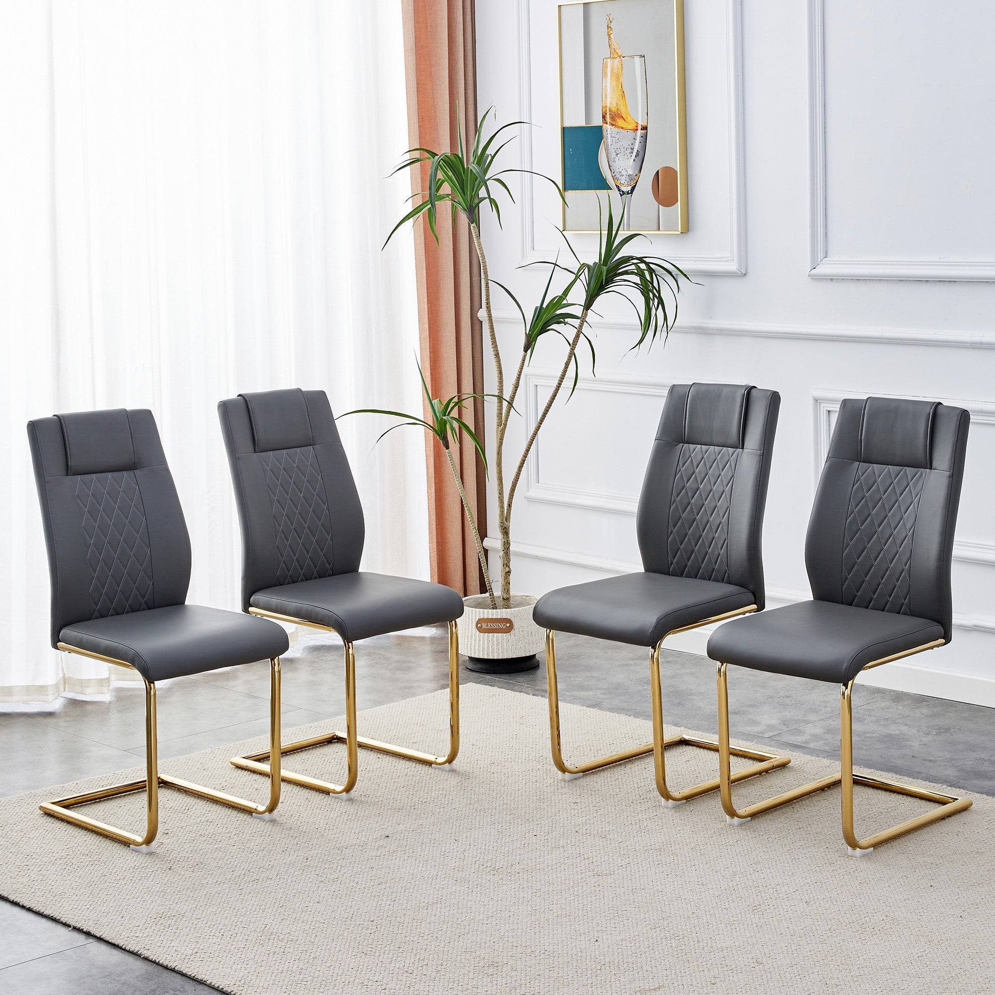 Scandinavian Dining Chairs Set of 4 Mesh Back Gold Legs - Dark Grey PU Leather