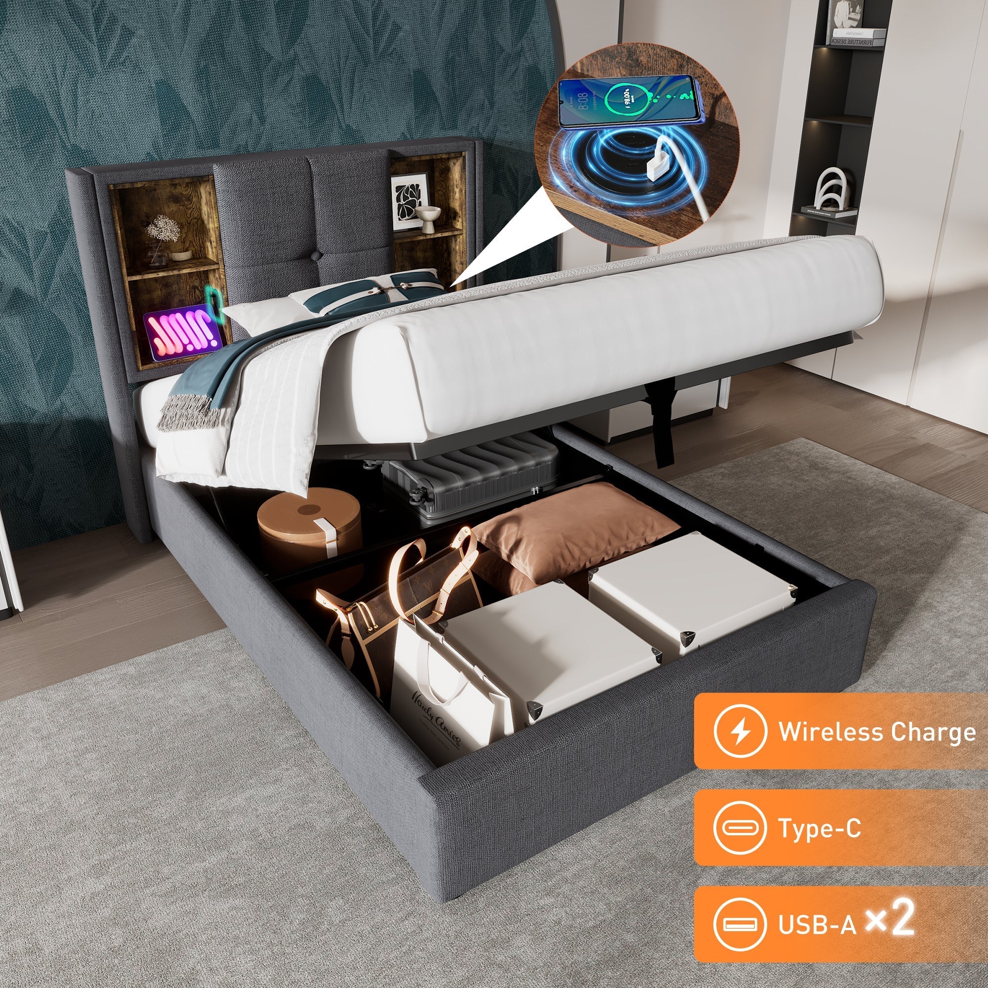 Single Bed, Wireless Charging USB C, 90x200cm with Storage, Wood-Grey Cotton