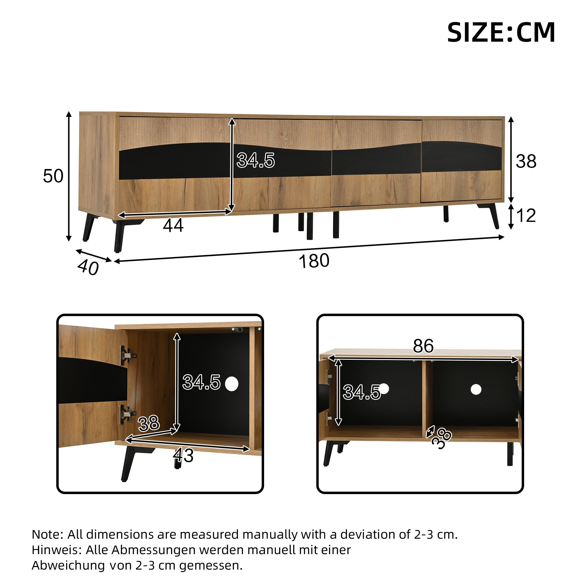 TV Cabinet, 180x40x50cm, 4 Cabinets, Symmetrical Design, Wood & Black