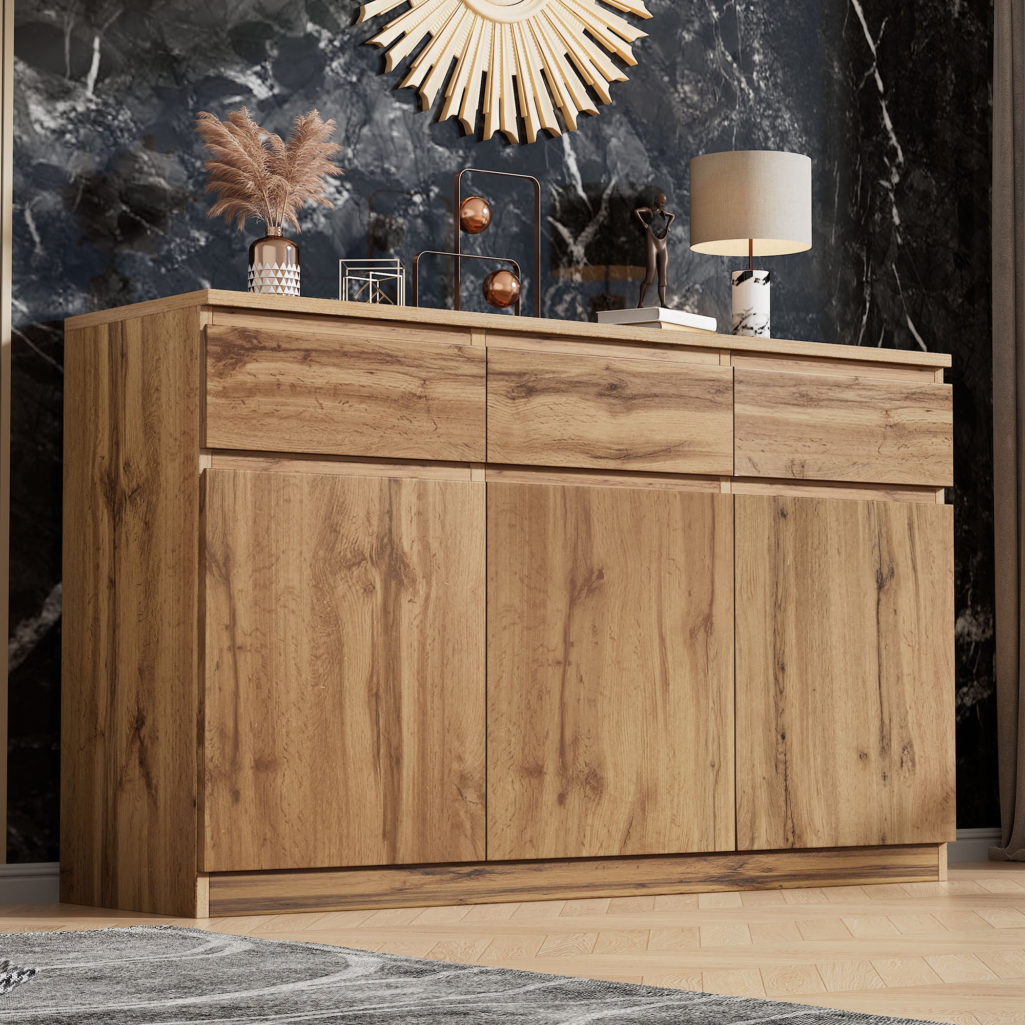 Multifunctional Sideboard 3 Doors 3 Drawers 135x40x81cm - Authentic Wood Look