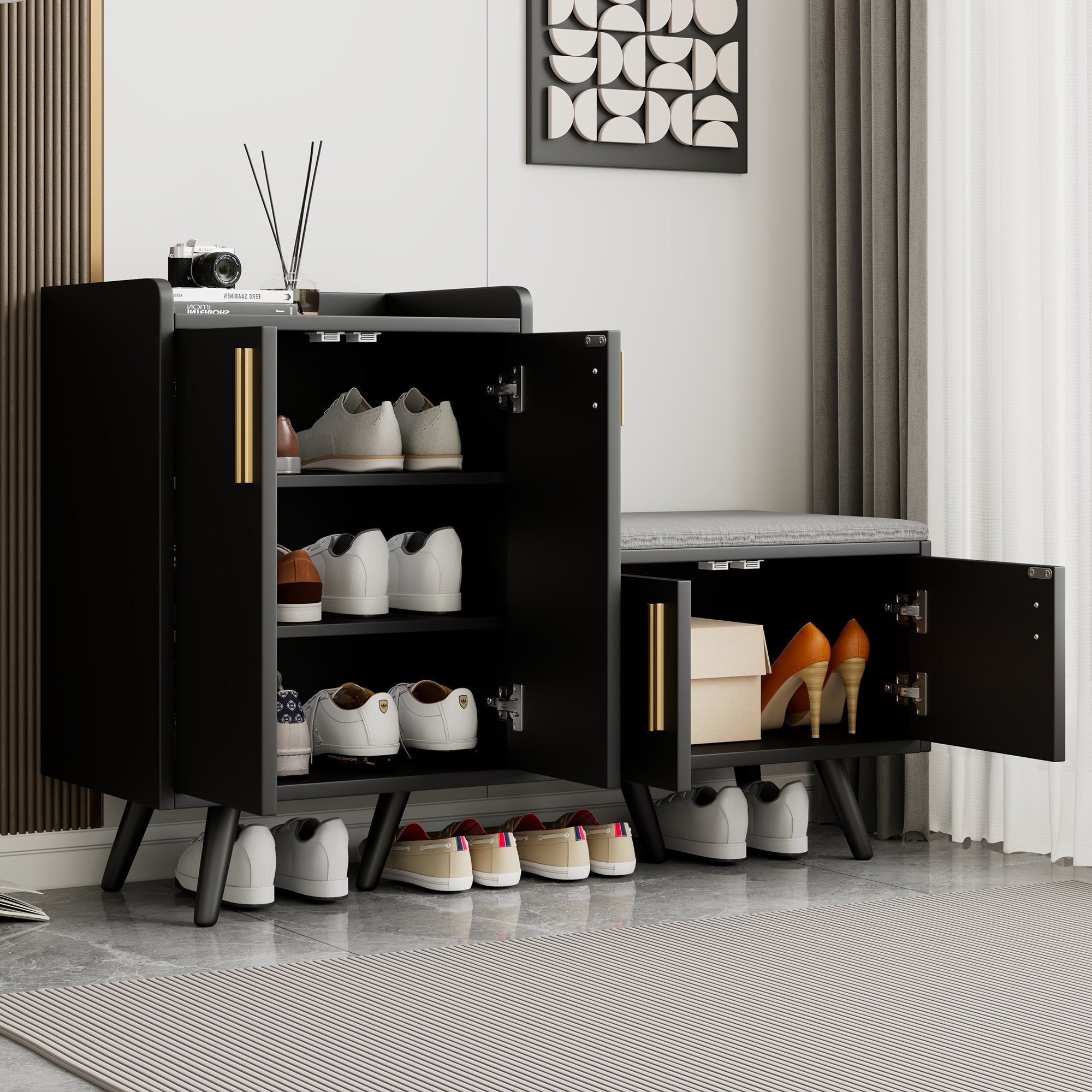 Modern Shoe Bench, Shoe Cabinet with Four Storage Doors, Black Walnut Wood
