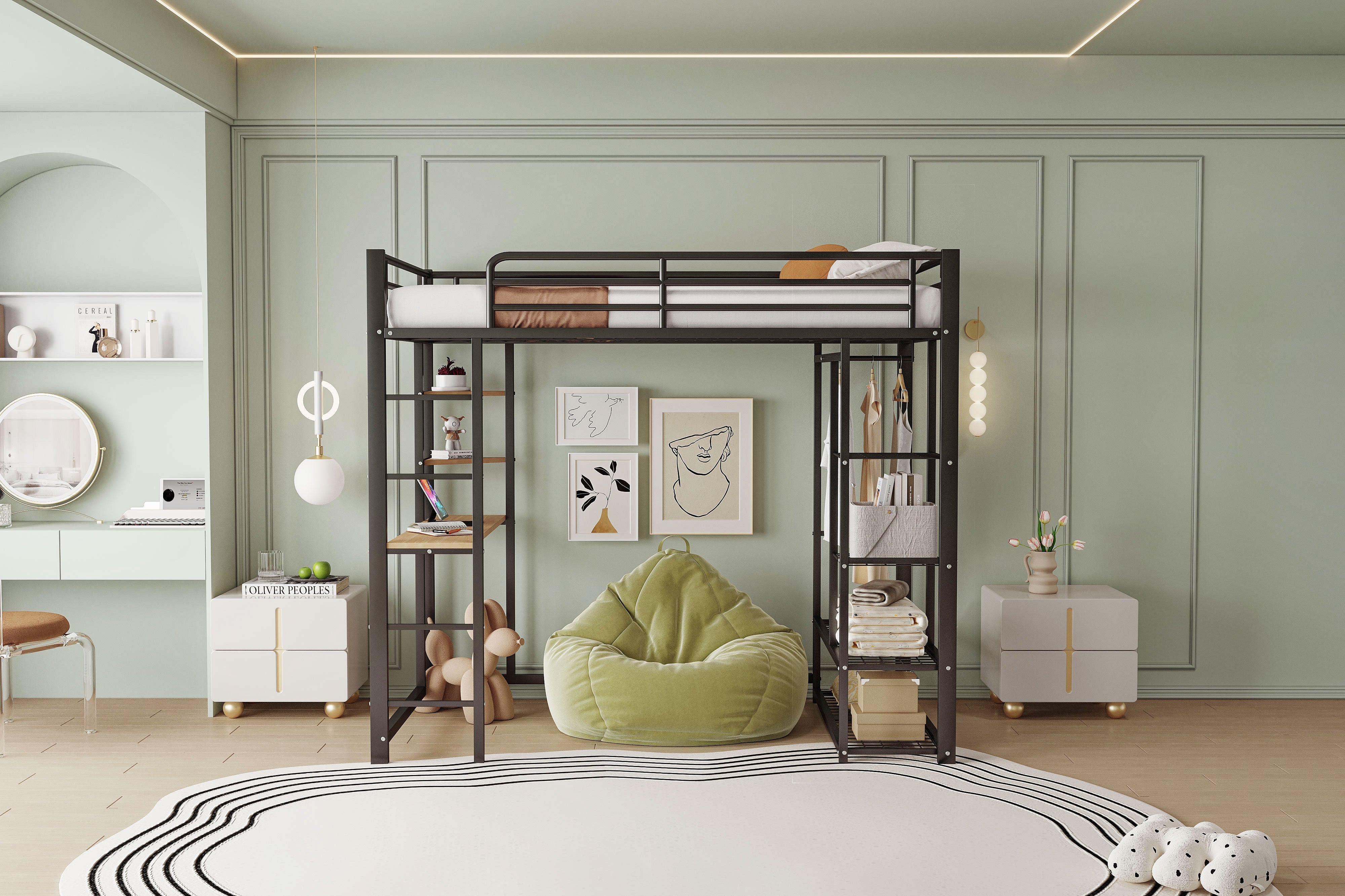 Loft Bed 90x200cm Single/Children's Bed with Ladder, Table, Storage, Black