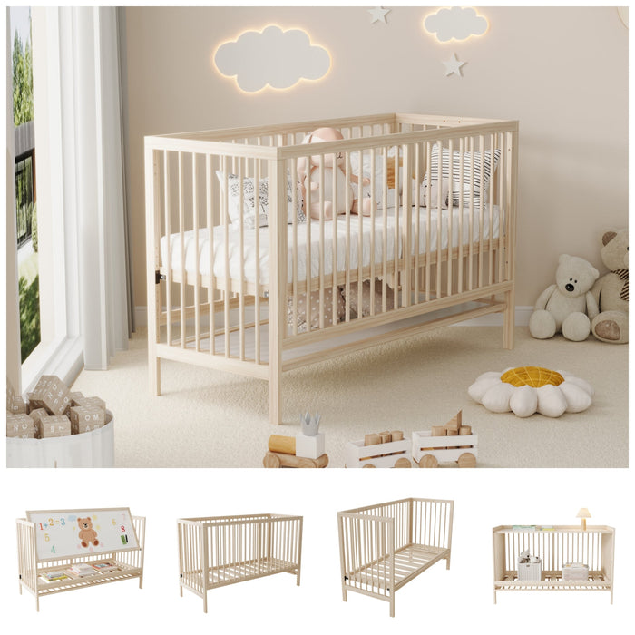 Wooden Baby Bed, Multifunctional Convertible Side Bed/Desk, Spruce, Natural Color