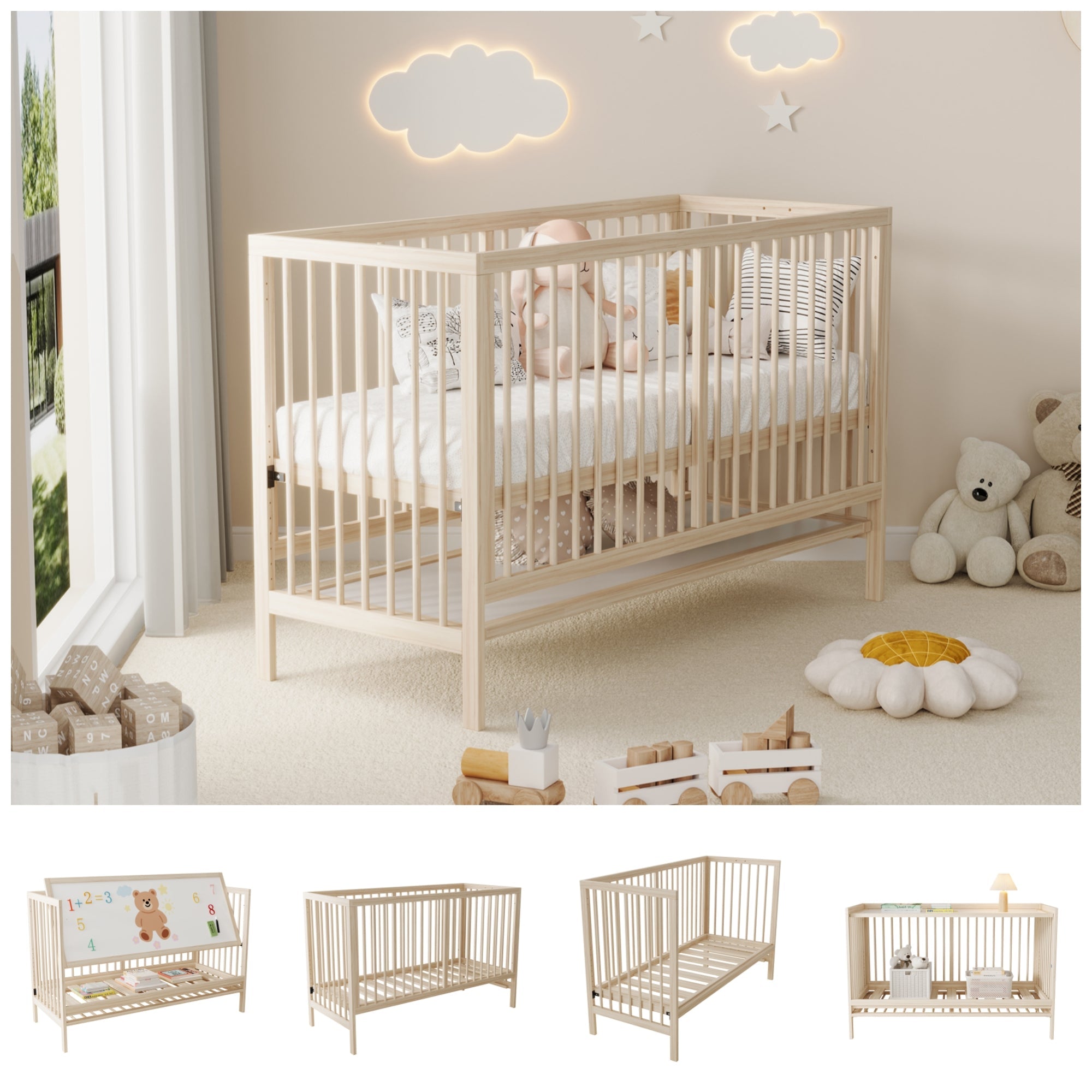 Wooden Baby Bed 140x60cm Multifunctional Convertible Side Bed Desk Height-Adjustable Spruce Natural