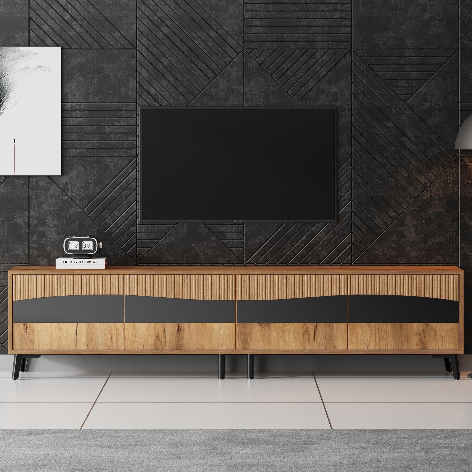 TV Cabinet, 180x40x50cm, 4 Cabinets, Symmetrical Design, Wood & Black