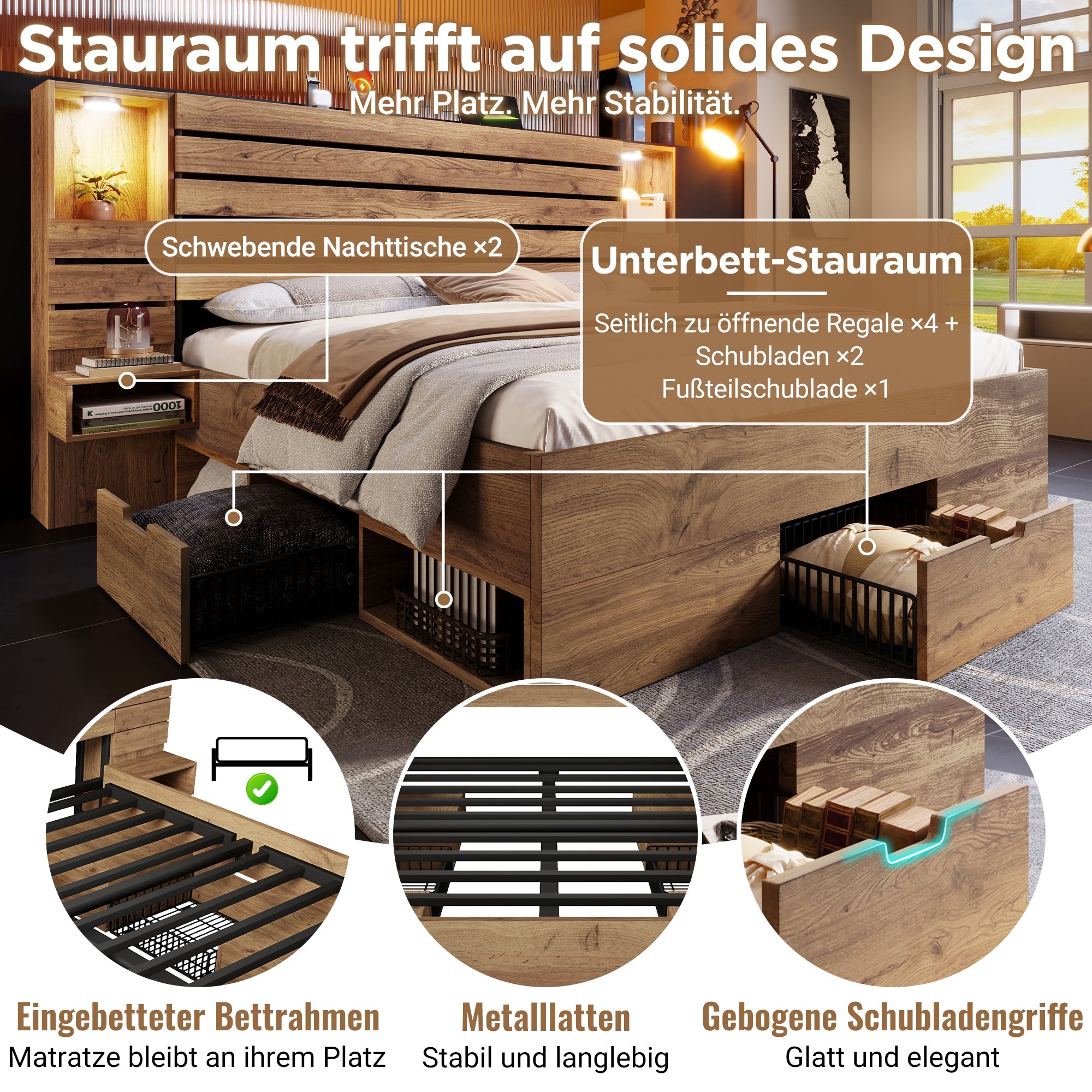 Wooden Double Bed with LED, USB, Niche, Floating Tables, Storage and Mattress, 160x200cm, Oak Look
