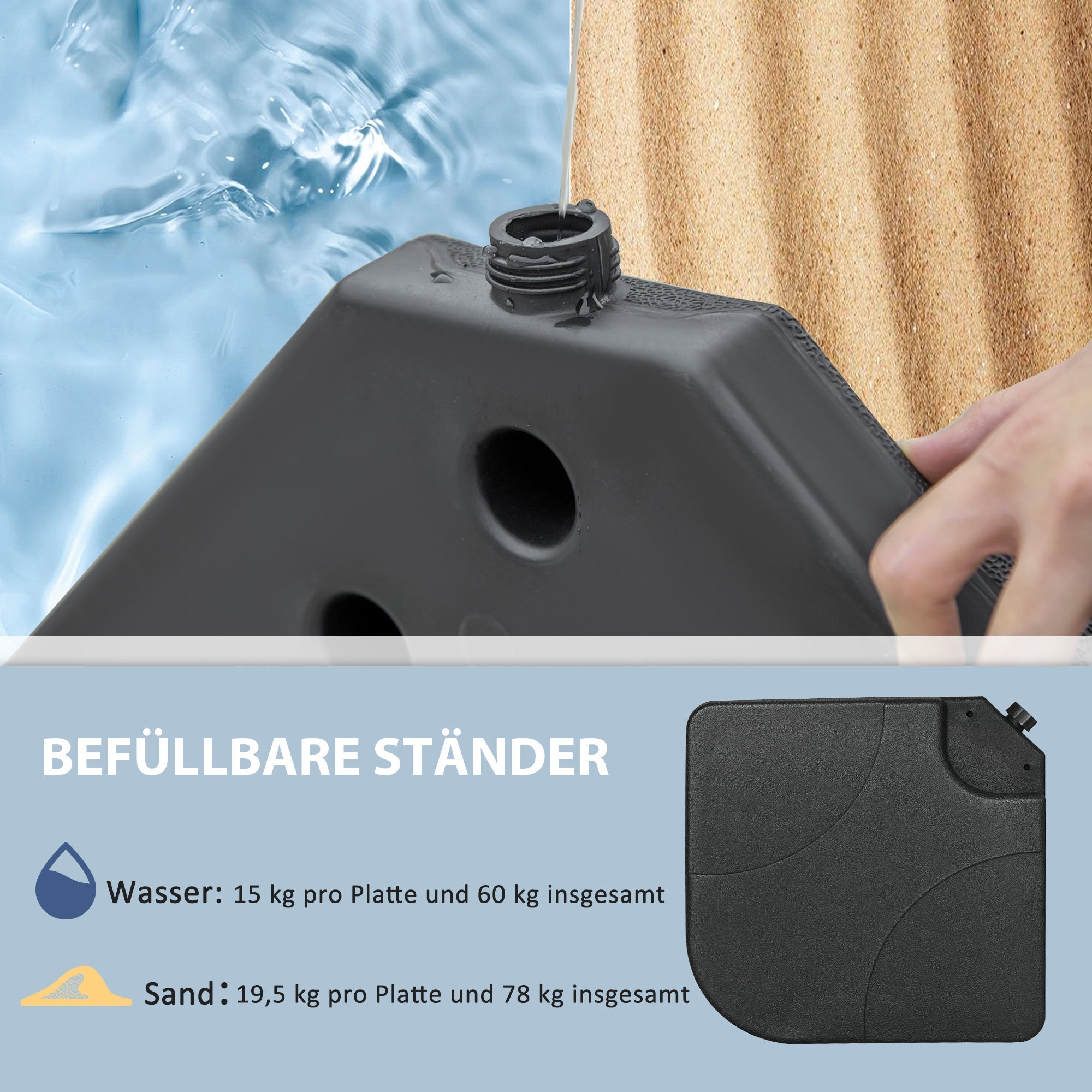 Parasol Stand 4-Piece Cantilever Base 60L Water or 78kg Sand Fillable, Black