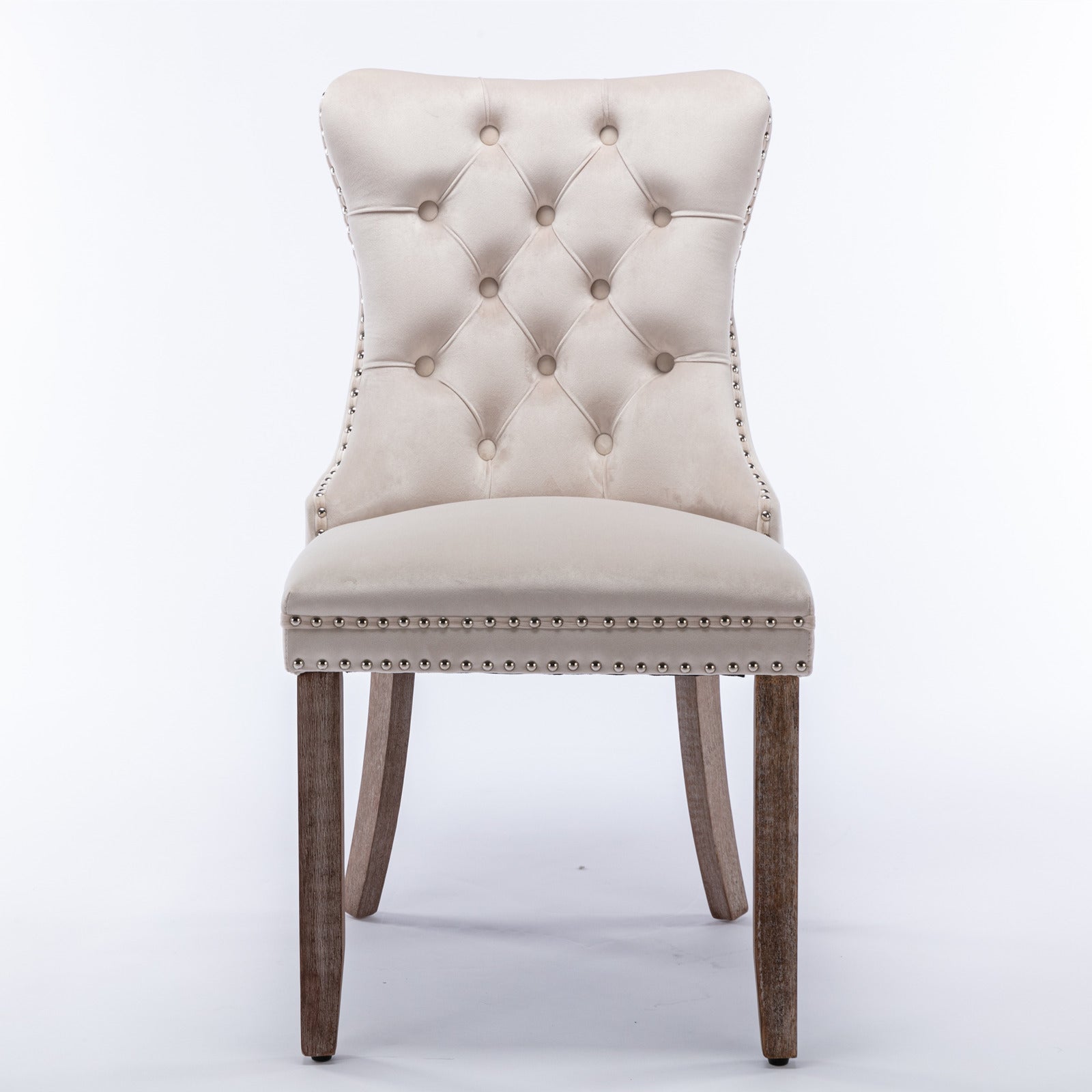 Nikki Collection Tufted Velvet Upholstered Dining Chair Wood Legs Nailhead Trim 2-Pcs Set - Beige