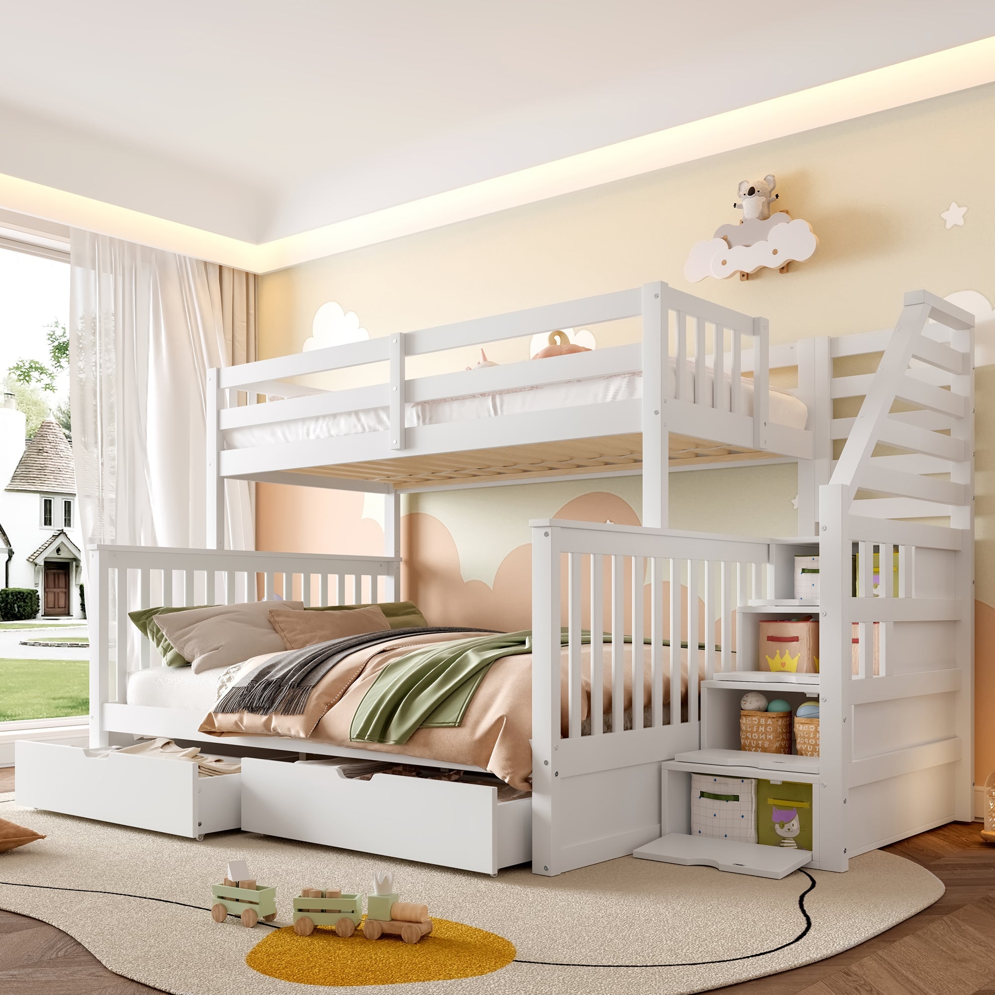 Multifunctional Bunk Bed with Storage Drawers, 90x200cm over 140x200cm, White