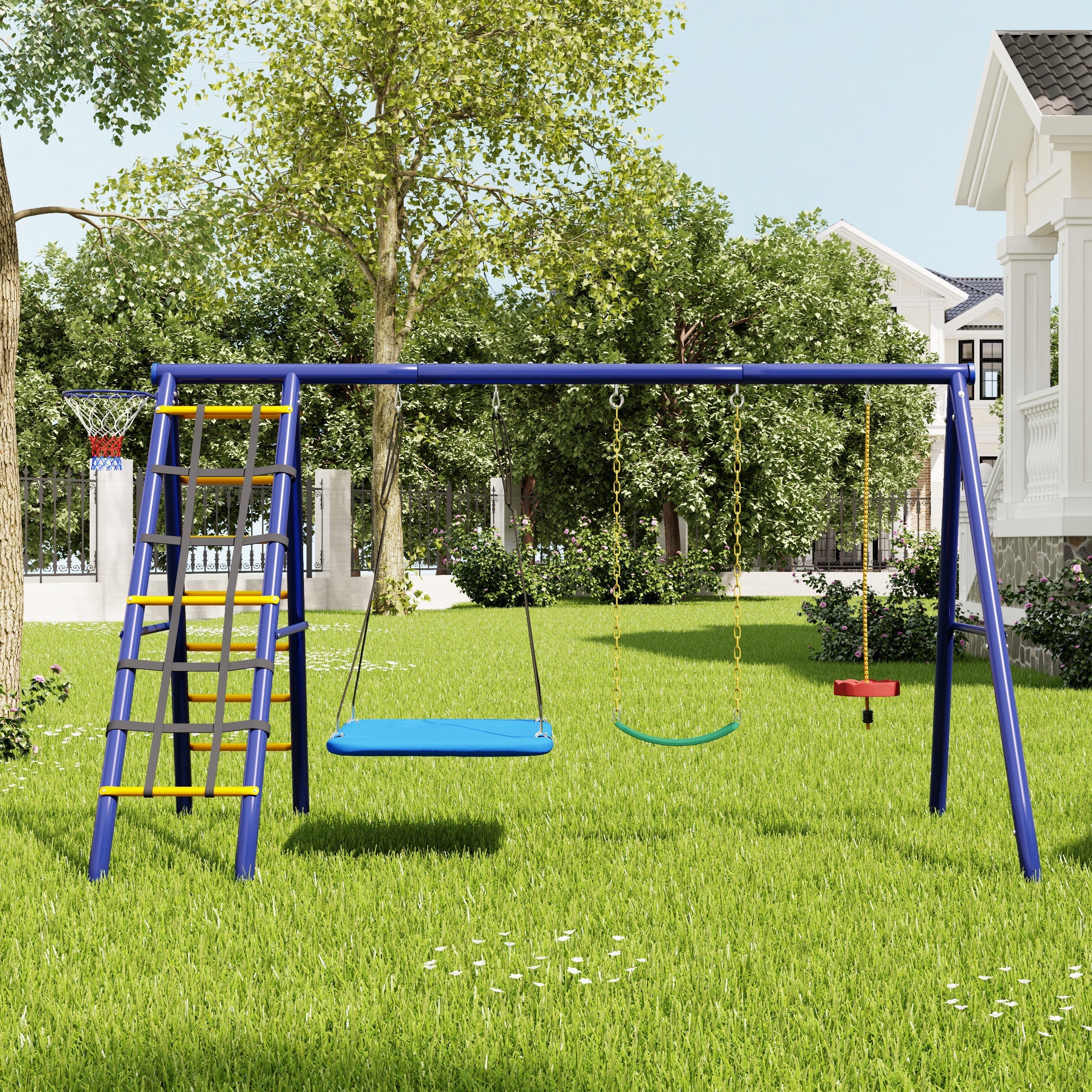 Multifunctional Outdoor Swing Set - 3 Swings, Climbing Frame, Basketball Hoop, Steel