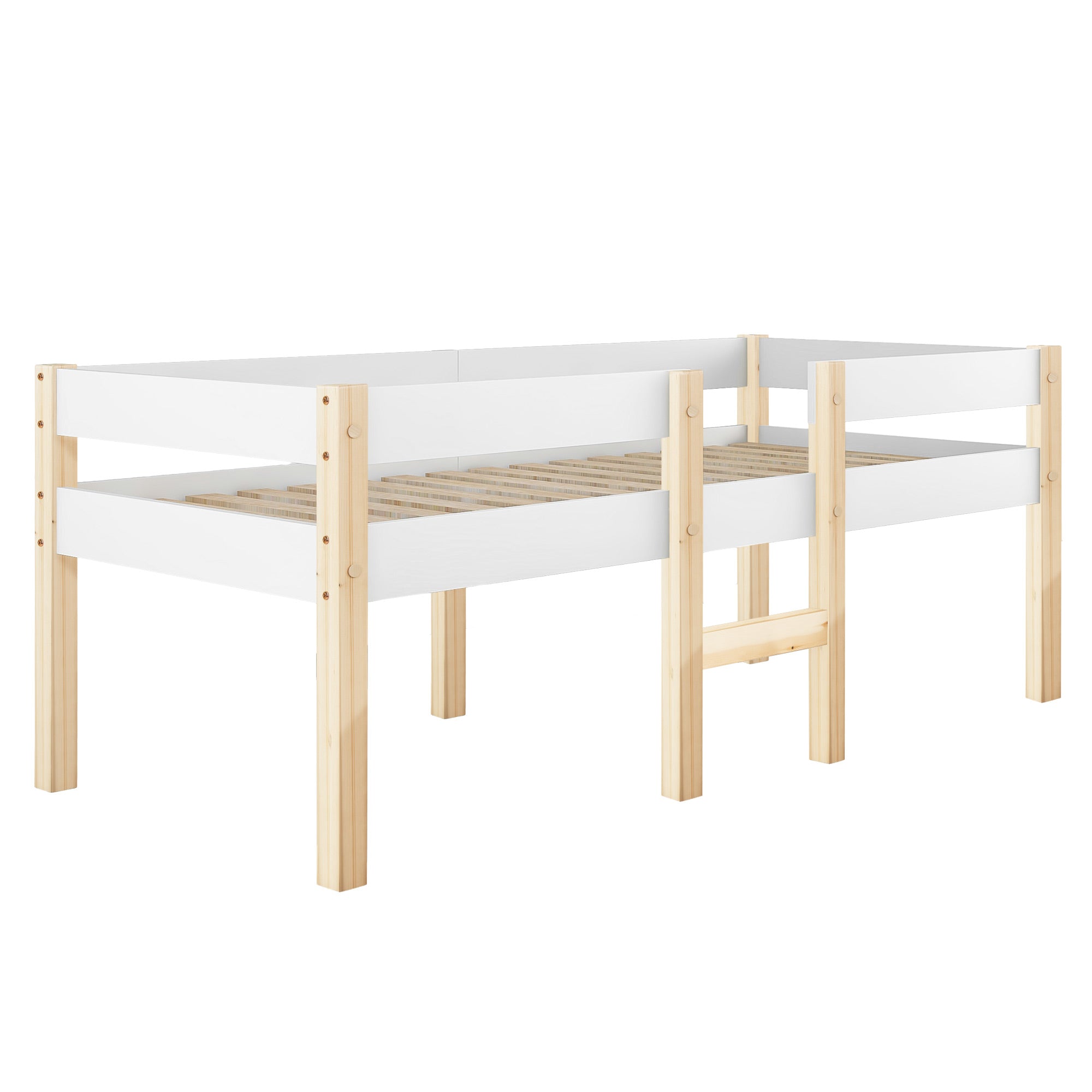 Children's bed with fall protection, 90x190 cm, solid pine wood, white & oak