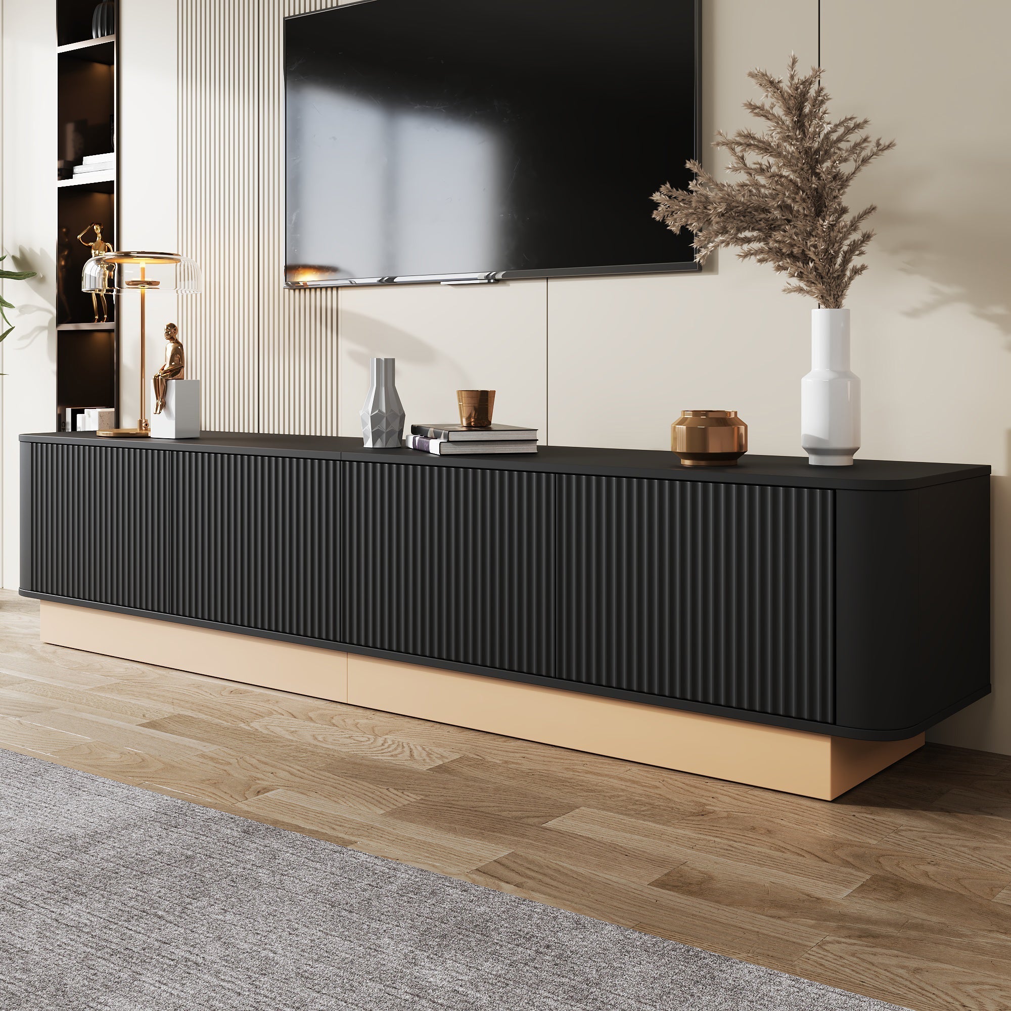 200cm TV Lowboard with 4 Doors and Adjustable Shelves, Modern Minimalist Style, MDF Material
