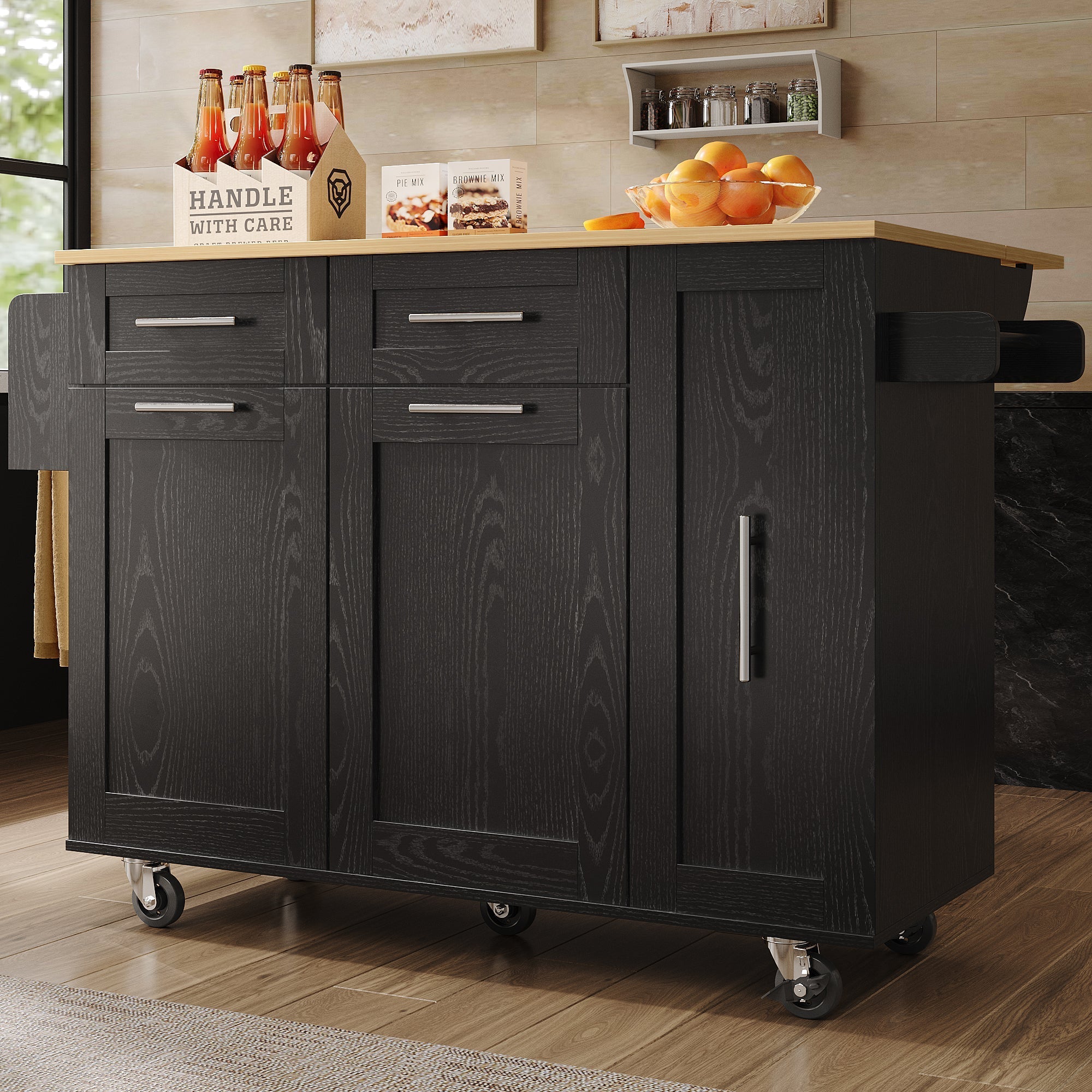 Modern Kitchen Island Buffet Cabinet Dining Table Storage Cart Wood Grain Black