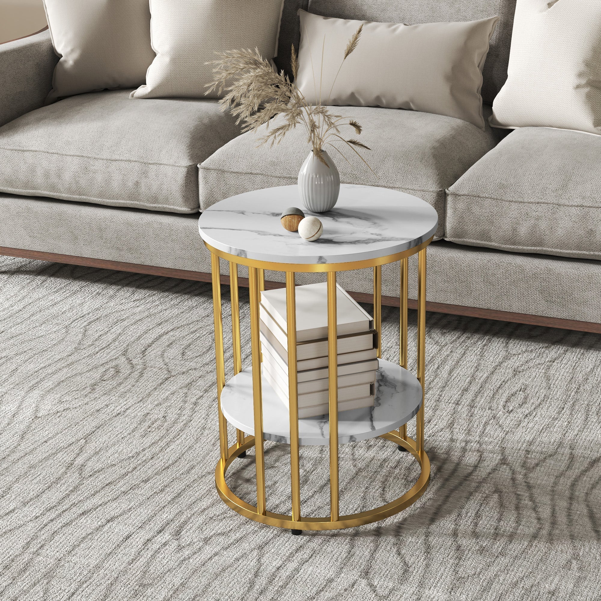 Round coffee table set of 2, side table with shelf, steel frame, white