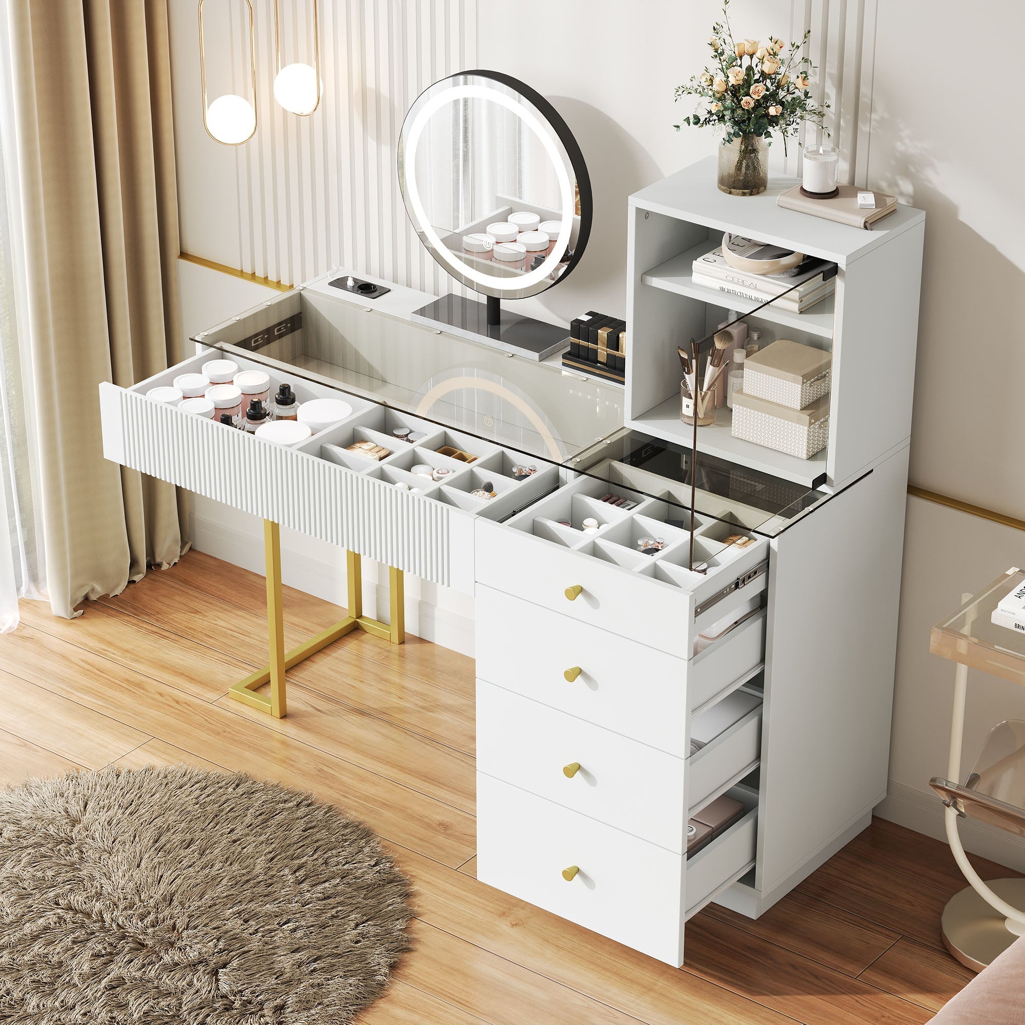 Dressing Table Set with LED Mirror and Glass Top, White