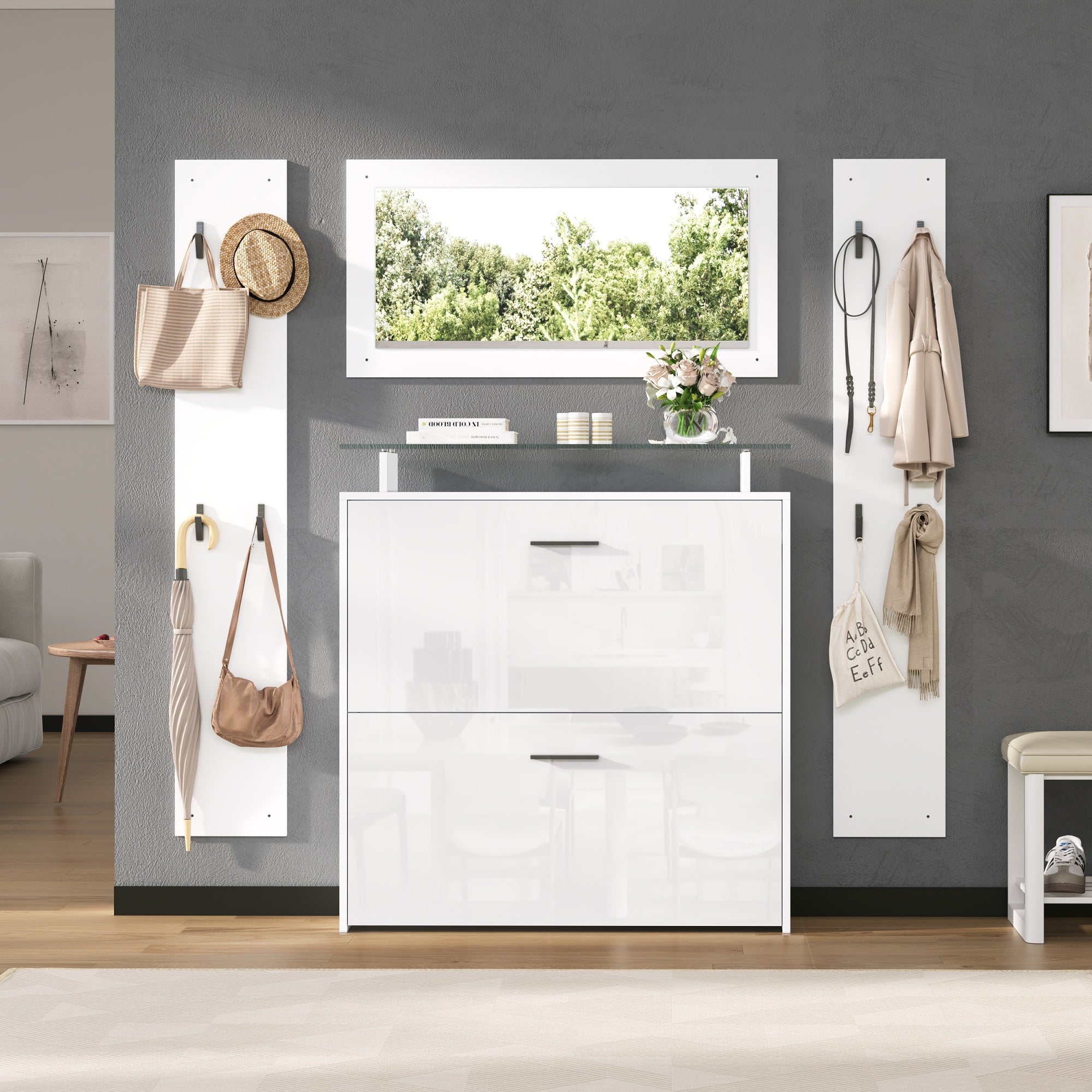 Wardrobe Set 4-Piece with Mirror Shoe Cabinet 8 Hooks, High-Gloss White