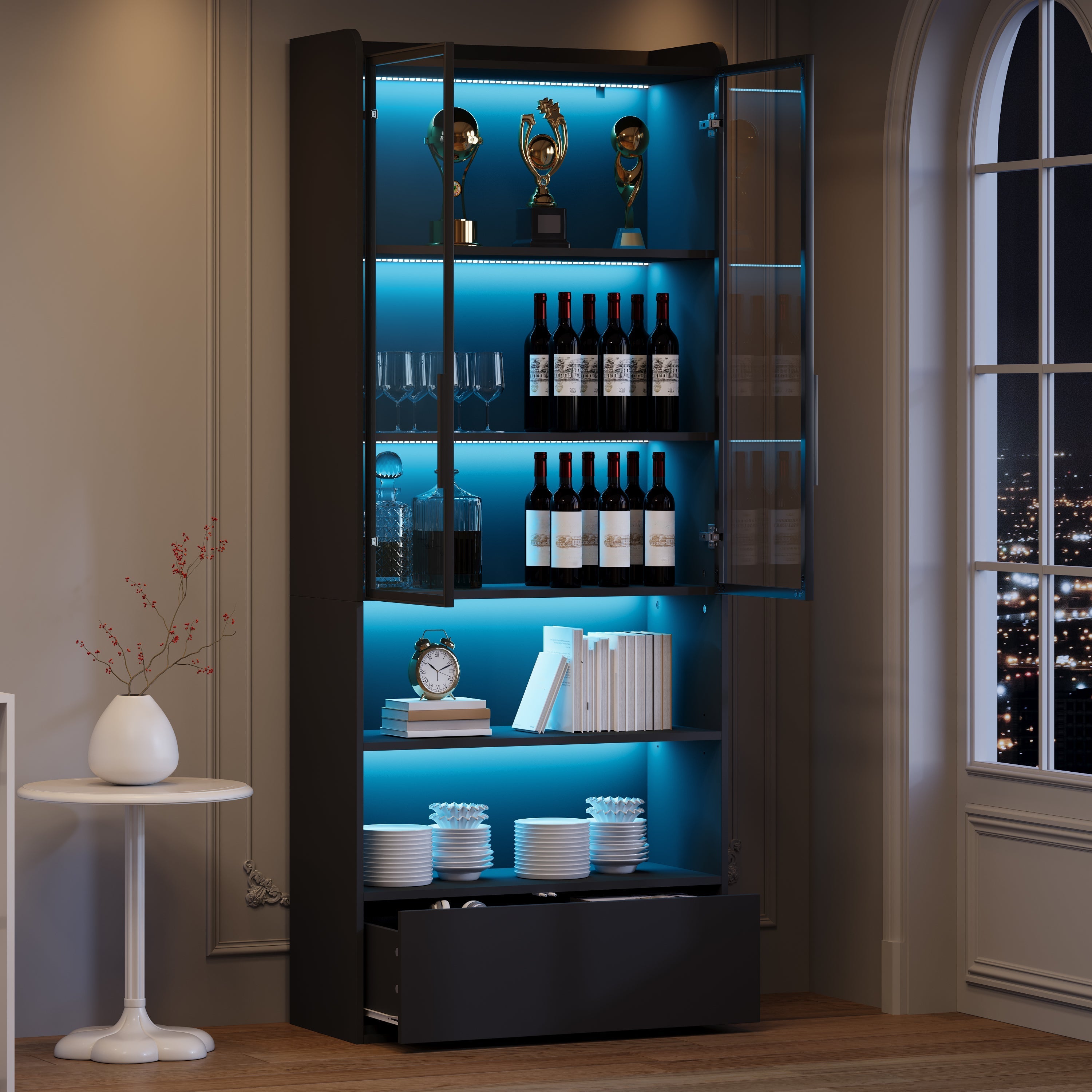 Tall Display Cabinet with 1 Drawer, LED Lighting and Glass Doors, Black